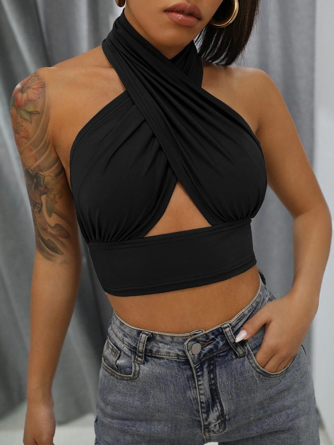 

Stylecast X Slyck Halter Neck Fitted Crop Top, Black