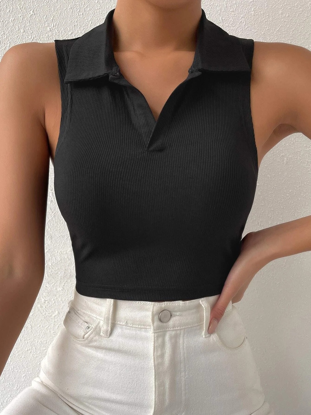 

Stylecast X Slyck Black Self Design Shirt Collar Cropped Fitted Top