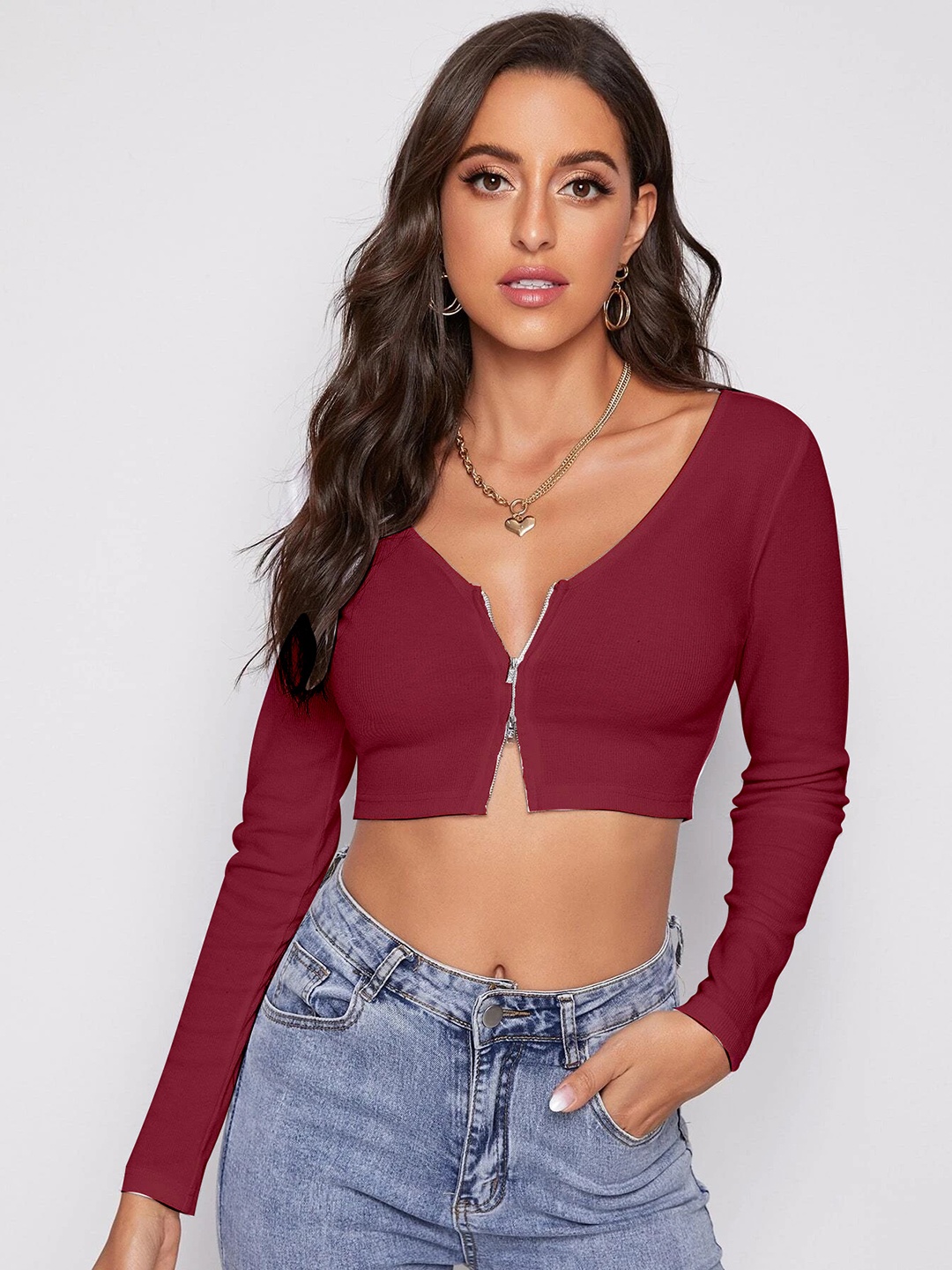 

Stylecast X Slyck V-Neck Long Sleeves Fitted Crop Top, Maroon