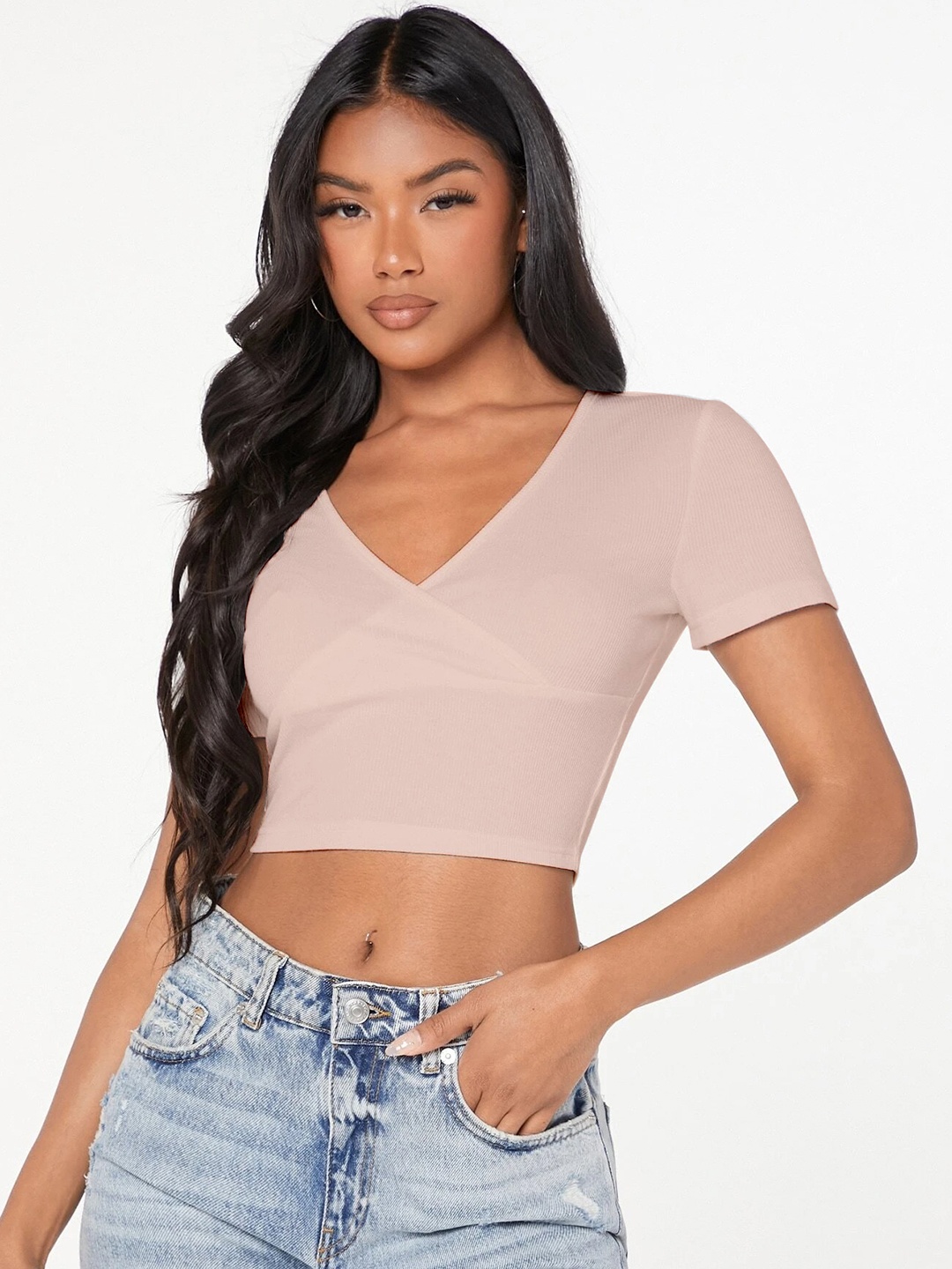 

Stylecast X Slyck V-Neck Fitted Crop Top, Pink