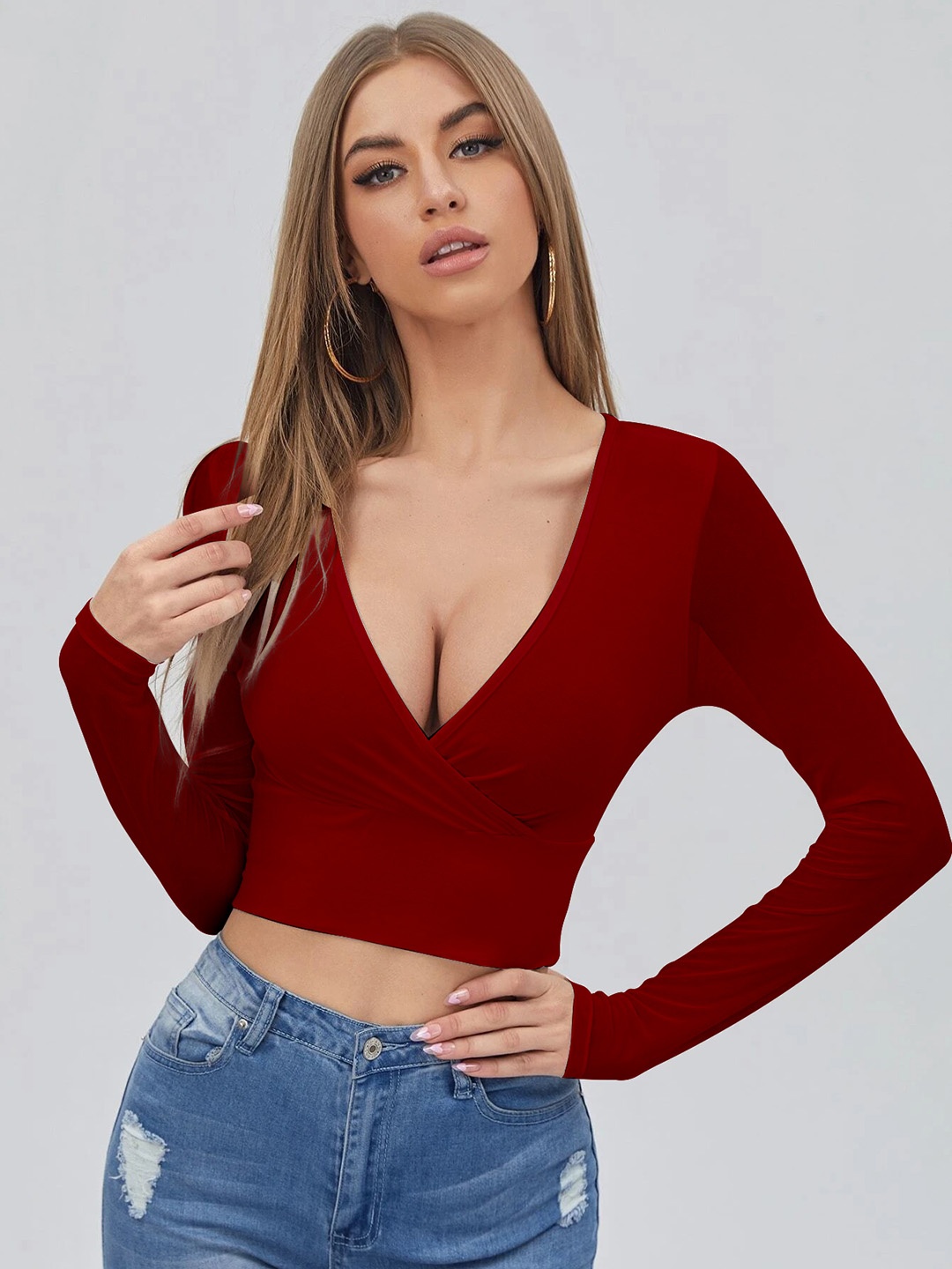 

Stylecast X Slyck V-Neck Long Sleeves Wrap Crop Top, Red