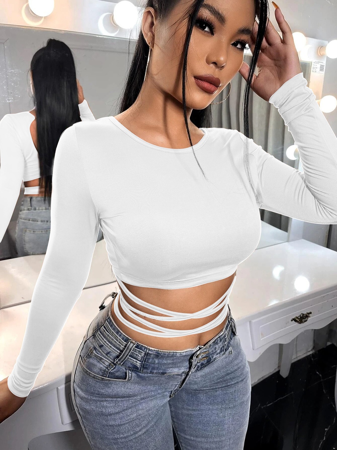 

Stylecast X Slyck Long Sleeves Tie-Ups Fitted Crop Top, White