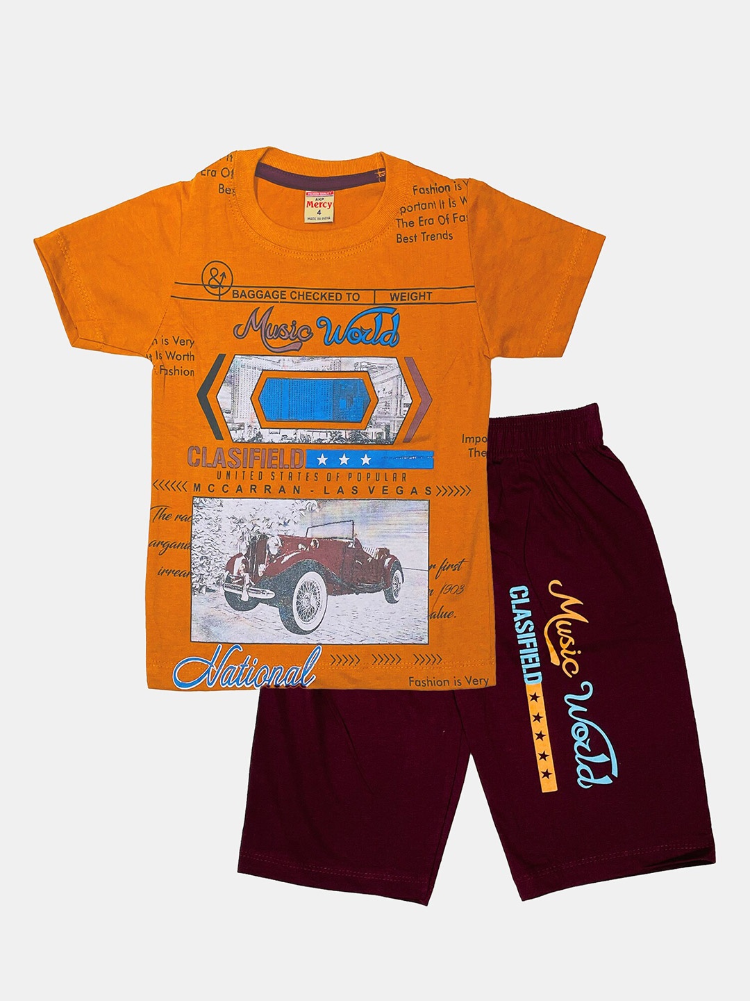 

Peerless Wear Boys Printed Pure Cotton T-shirt with Shorts, Orange