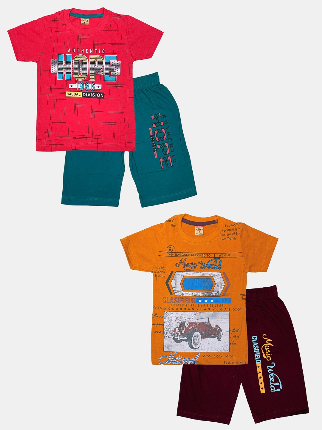 

Peerless Wear Boys Pack Of 2 Printed Pure Cotton T-shirt with Shorts, Red