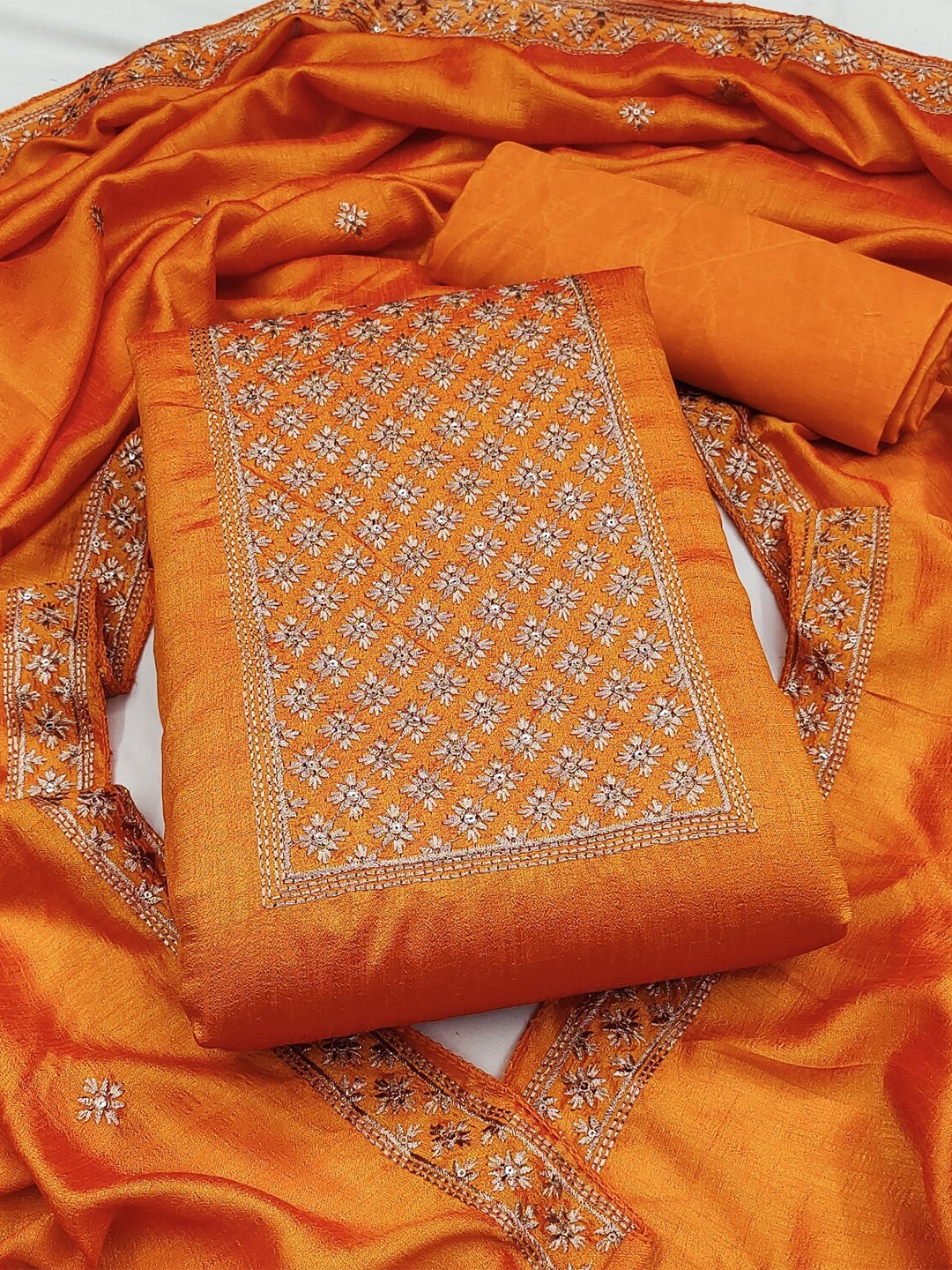 

Panzora Ethnic Motifs Embroidered Sequined Unstitched Dress Material, Orange