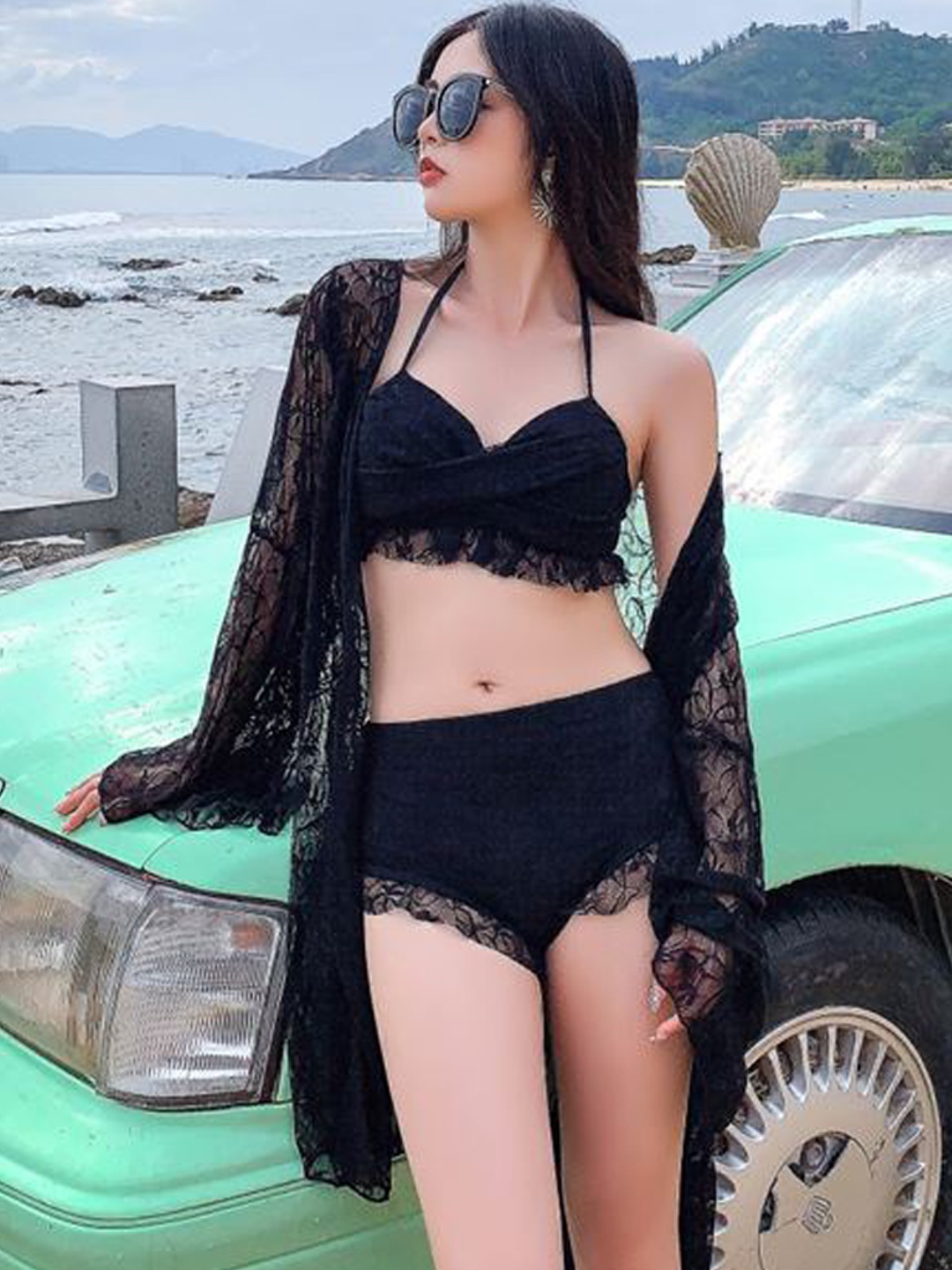 

FXM 3-Piece Swim Bikini Set With Robe, Black