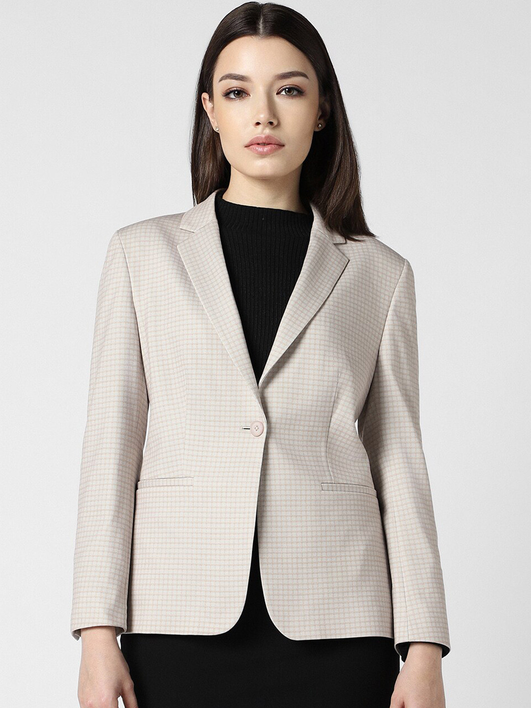 

Van Heusen Woman Checked Slim Fit Single Breasted Blazer, Beige