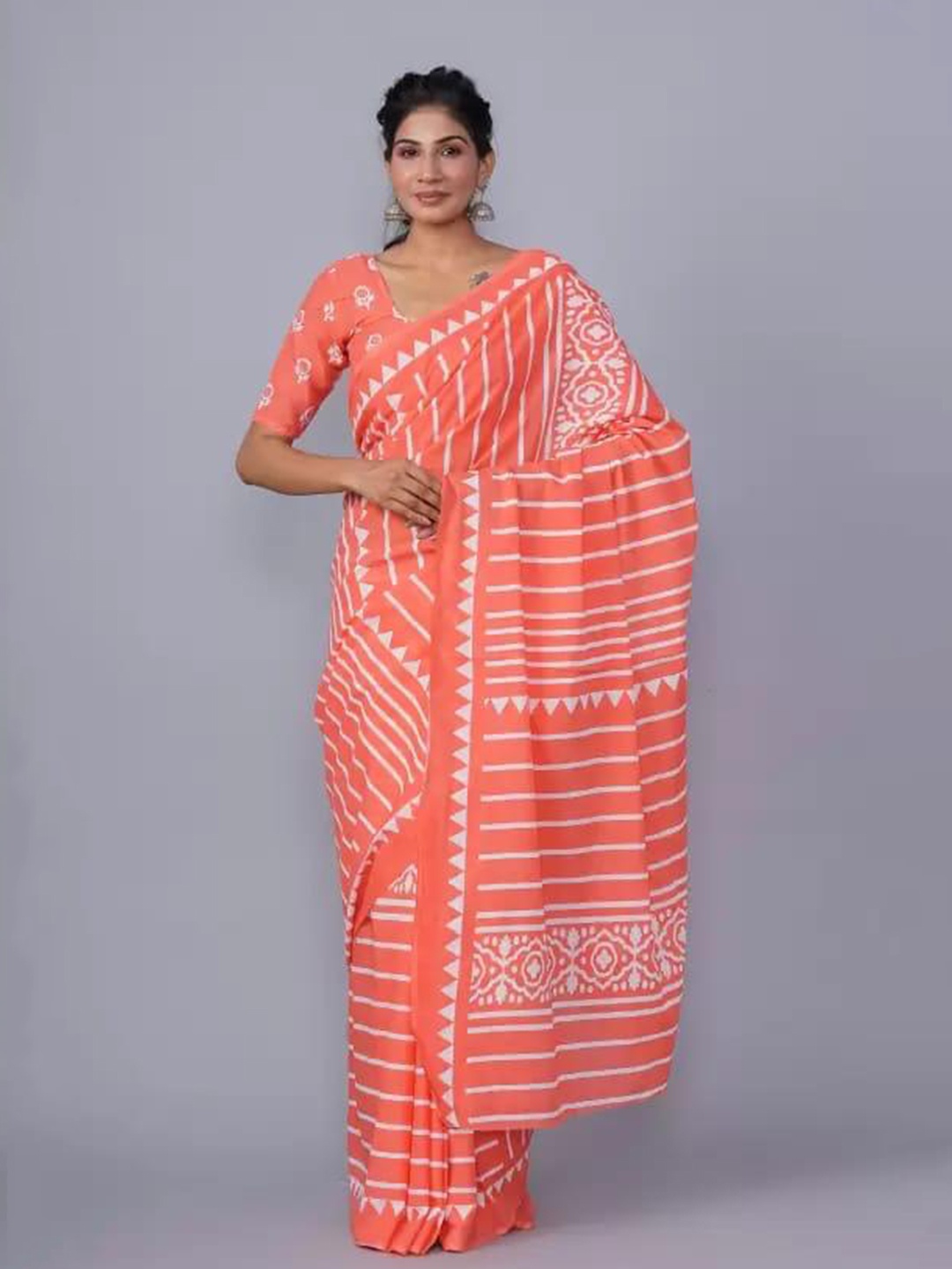 

TROPWEAR Striped Cotton Linen Block Print Saree, Orange