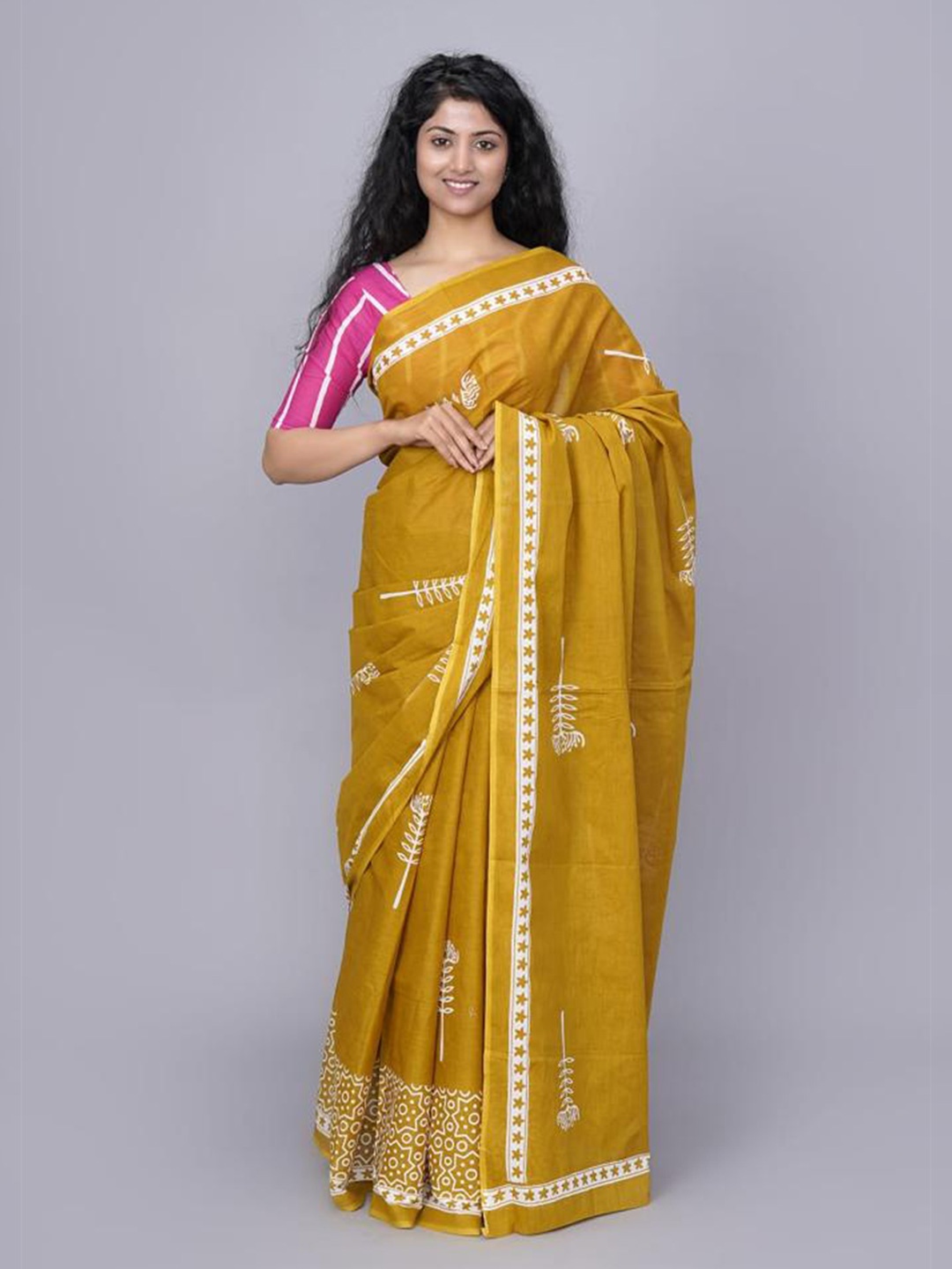 

TROPWEAR Ethnic Motifs Cotton Linen Block Print Saree, Mustard