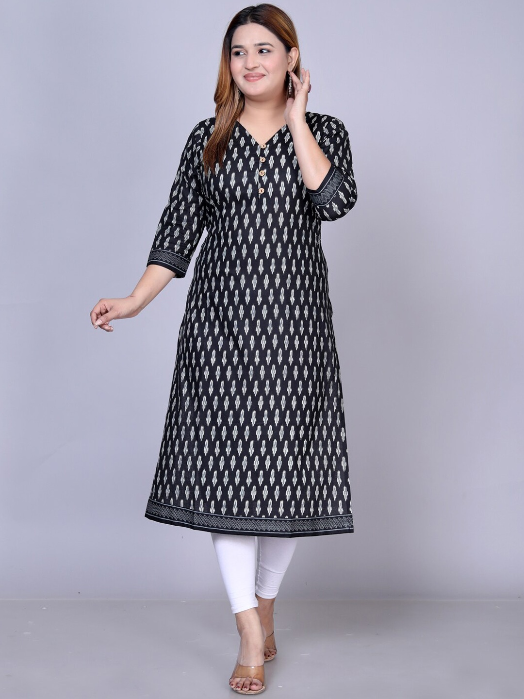 

Jevi Prints Plus Size V-Neck Geometric Printed Cotton Straight Kurta, Black