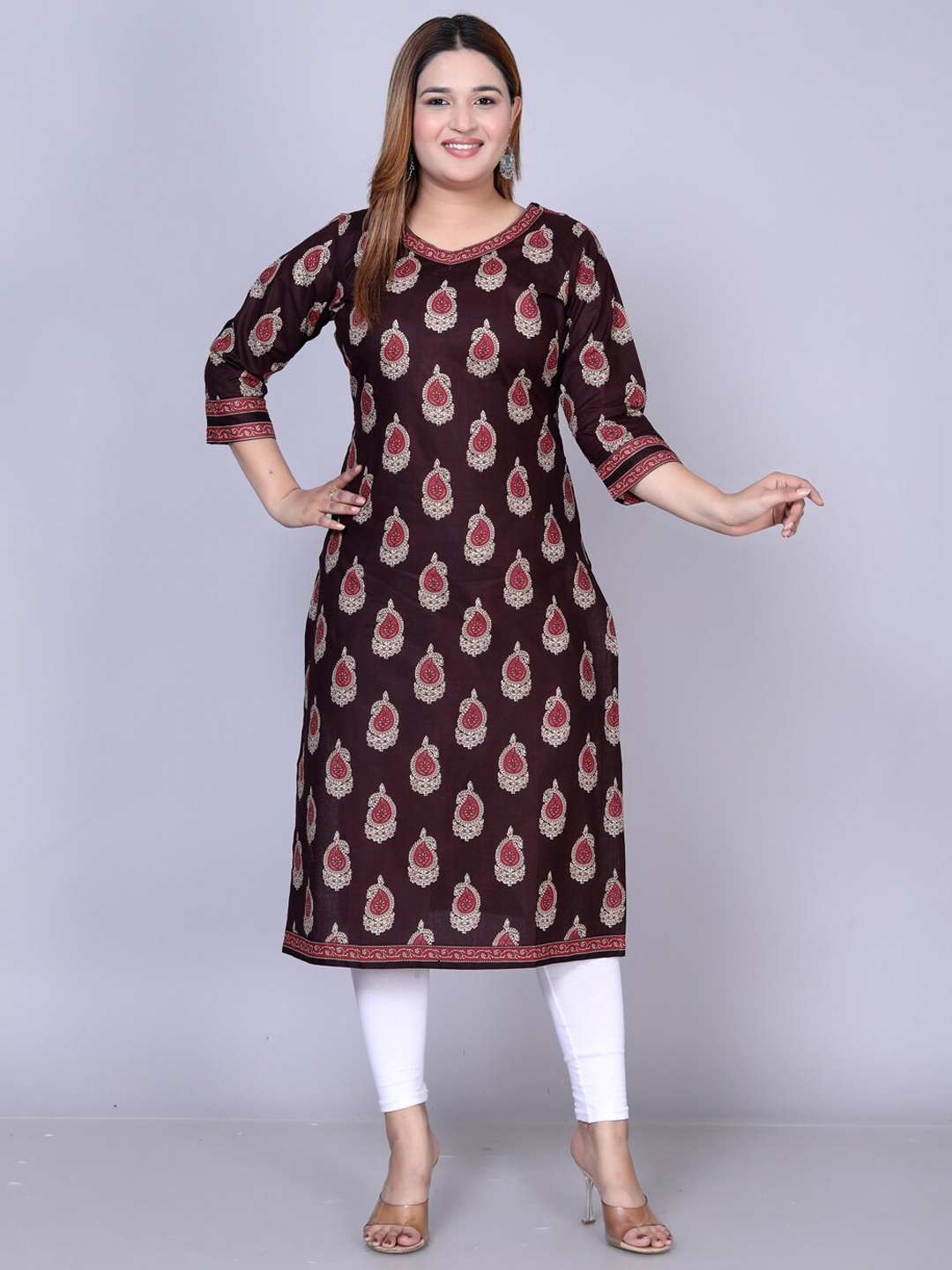 

Jevi Prints Plus Size Ethnic Motifs Printed Round Neck Cotton Straight Kurta, Brown