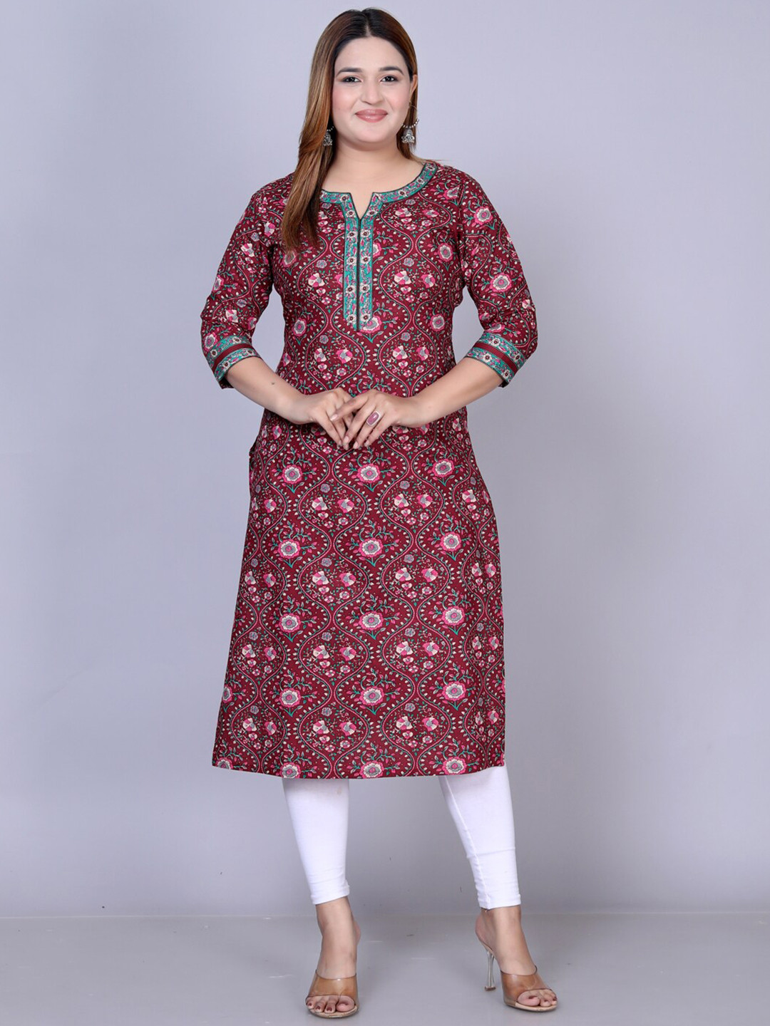 

Jevi Prints Plus Size Floral Printed Notched Neck Cotton Straight Kurta, Maroon