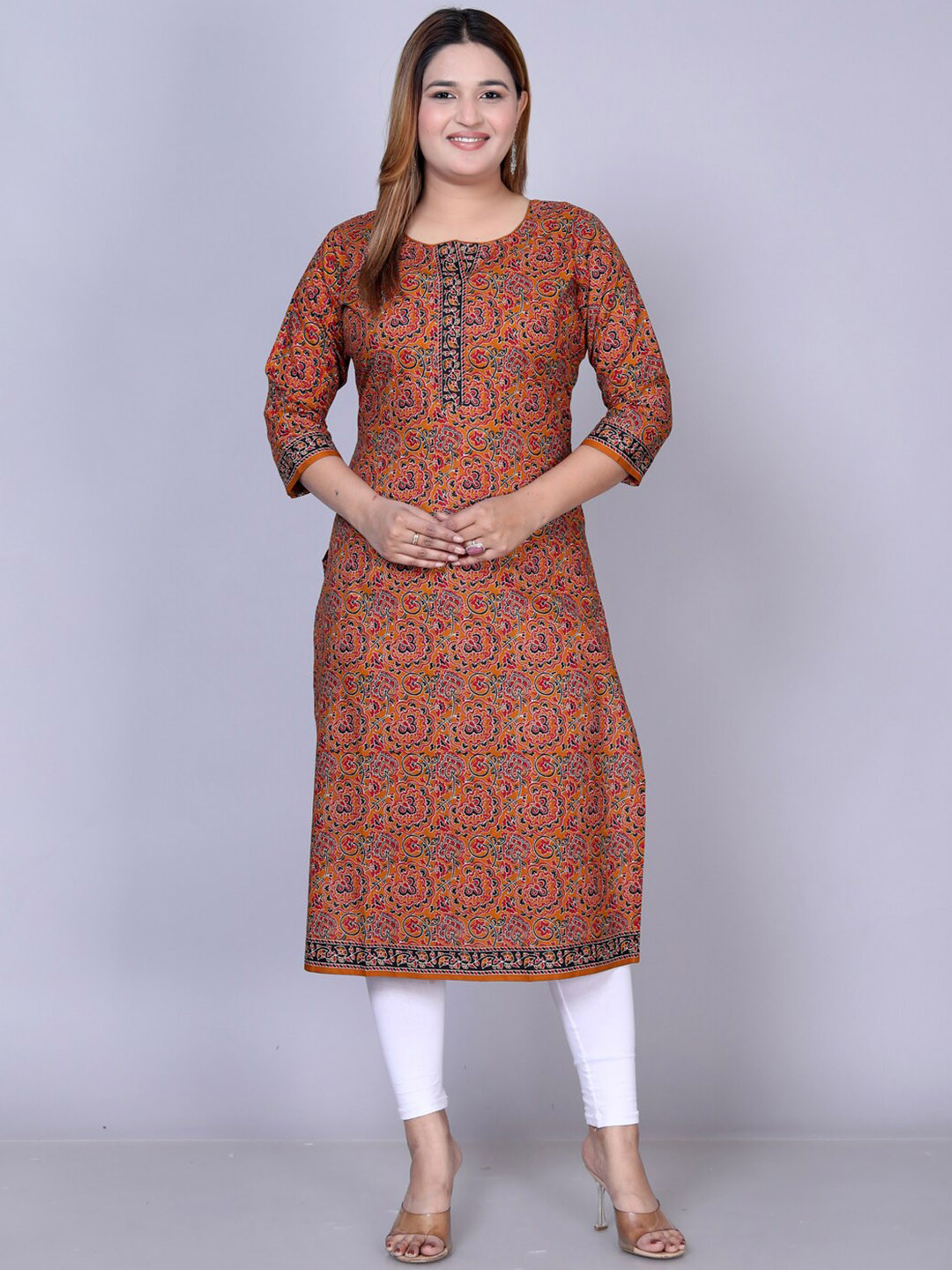 

Jevi Prints Plus Size Floral Printed Round Neck Cotton Straight Kurta, Brown