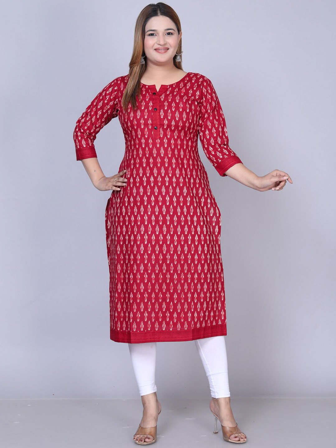

Jevi Prints Plus Size Geometric Printed Notched Neck Cotton Straight Kurta, Red