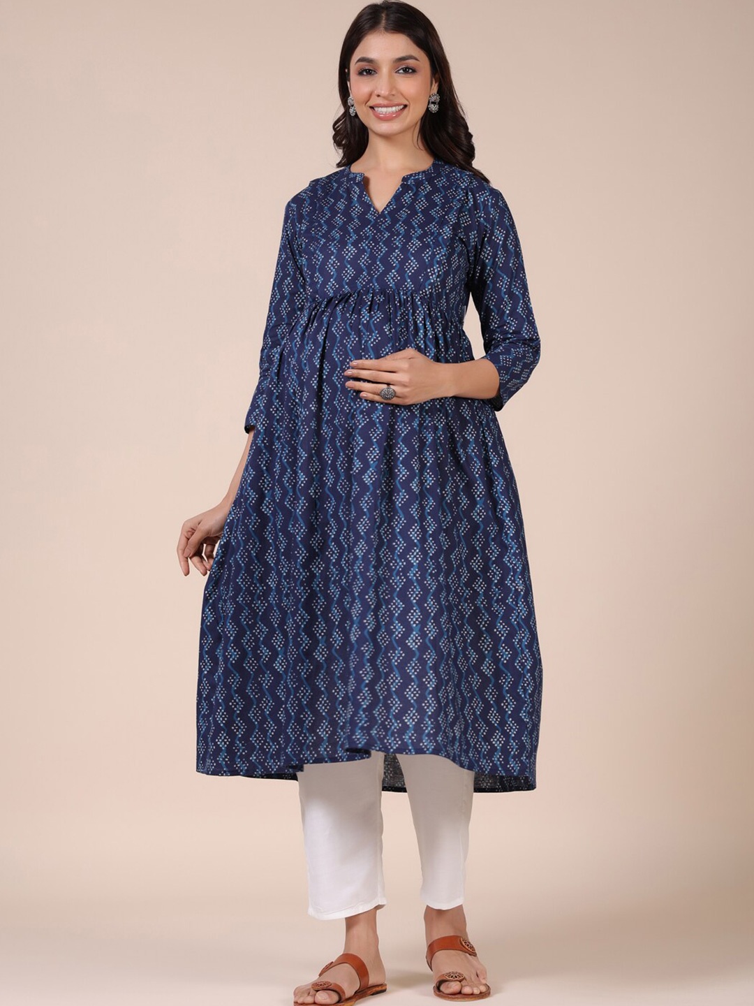 

CRAFIQA Maternity Floral Printed Pure Cotton Anarkali Cotton Kurta, Navy blue