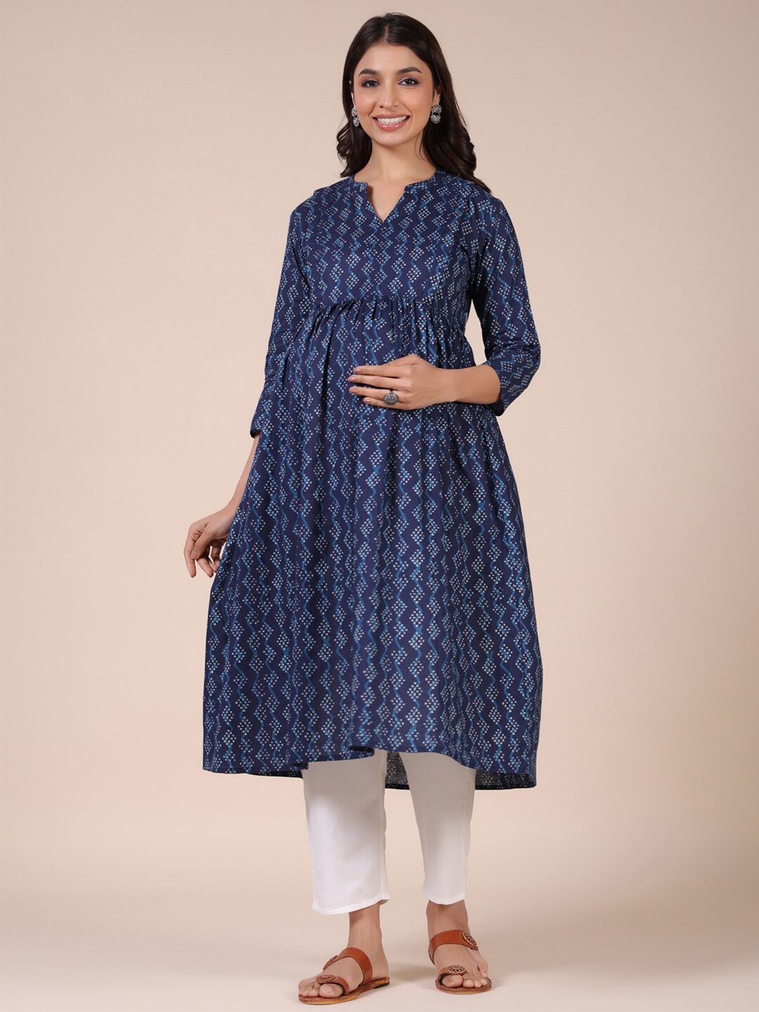 

CRAFIQA Maternity Ethnic Motifs Printed Mandarin Collar Anarkali Pure Cotton Kurta, Navy blue