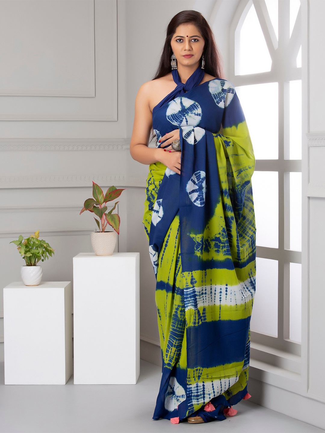 

JAIPURI BLOCK PRINT Tie & Dye Dyed Pure Cotton Mulmul Bandhani Saree, Green