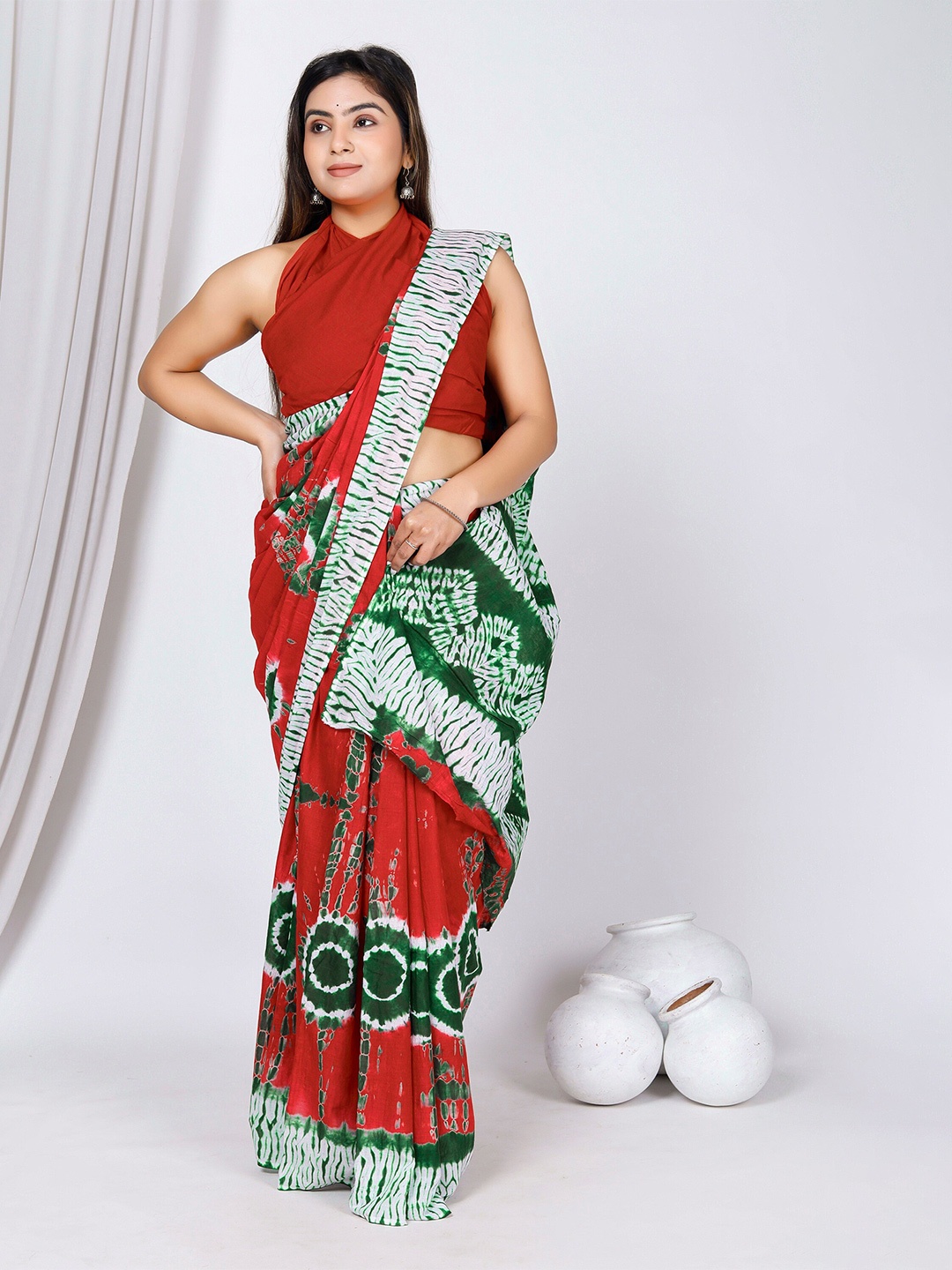 

JAIPURI BLOCK PRINT Tie & Dye Dyed Pure Cotton Bagru Saree, Red