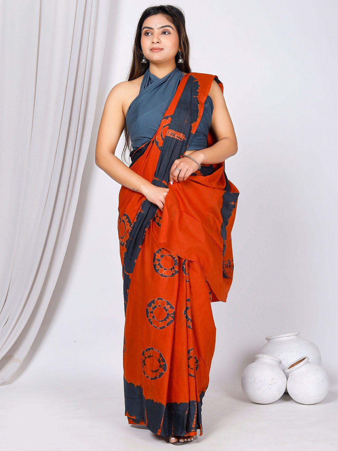 

JAIPURI BLOCK PRINT Tie & Dye Dyed Pure Cotton Mulmul Bagru Saree, Red