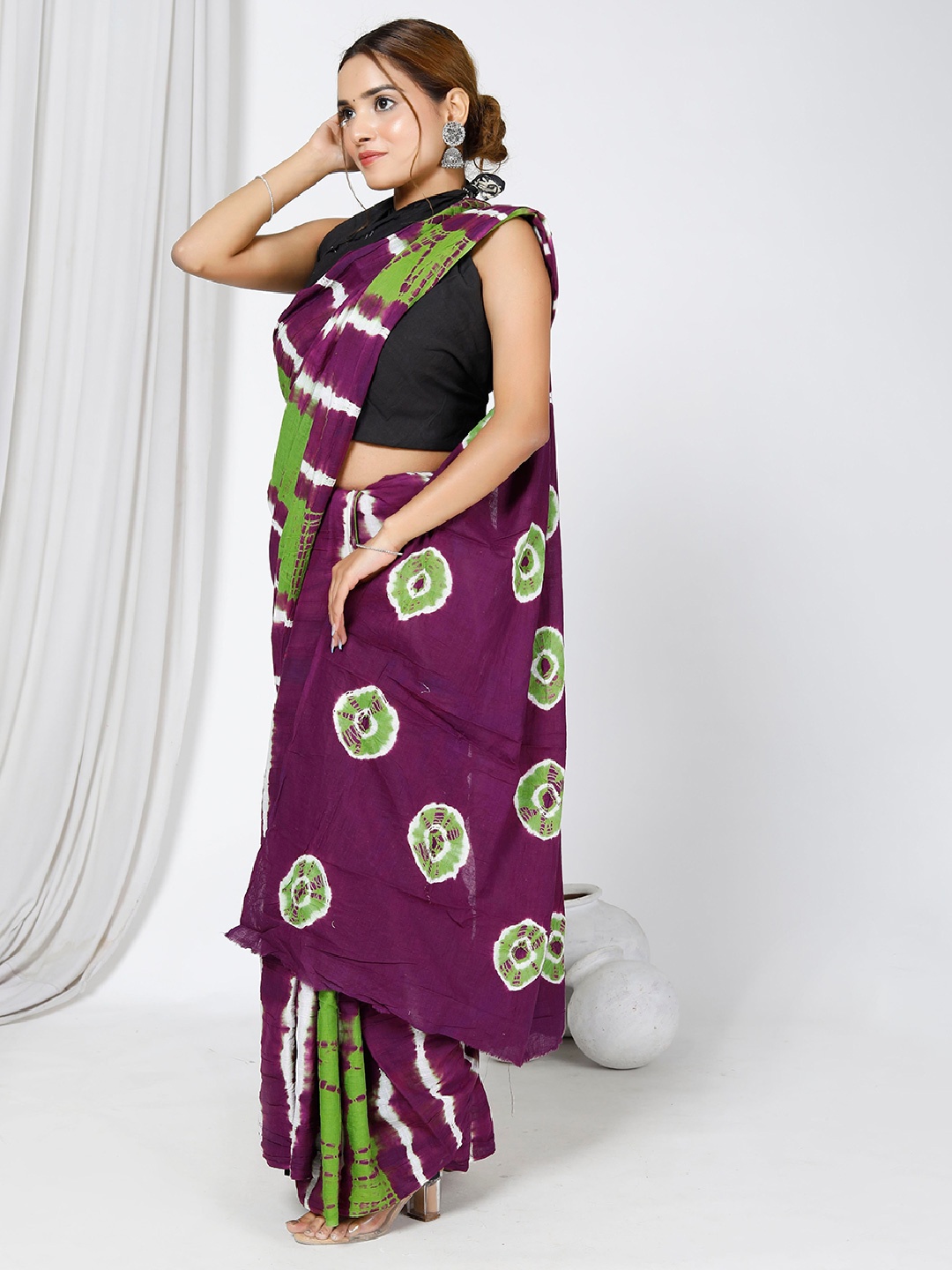 

JAIPURI BLOCK PRINT Tie & Dyed Pure Cotton Saree, Purple