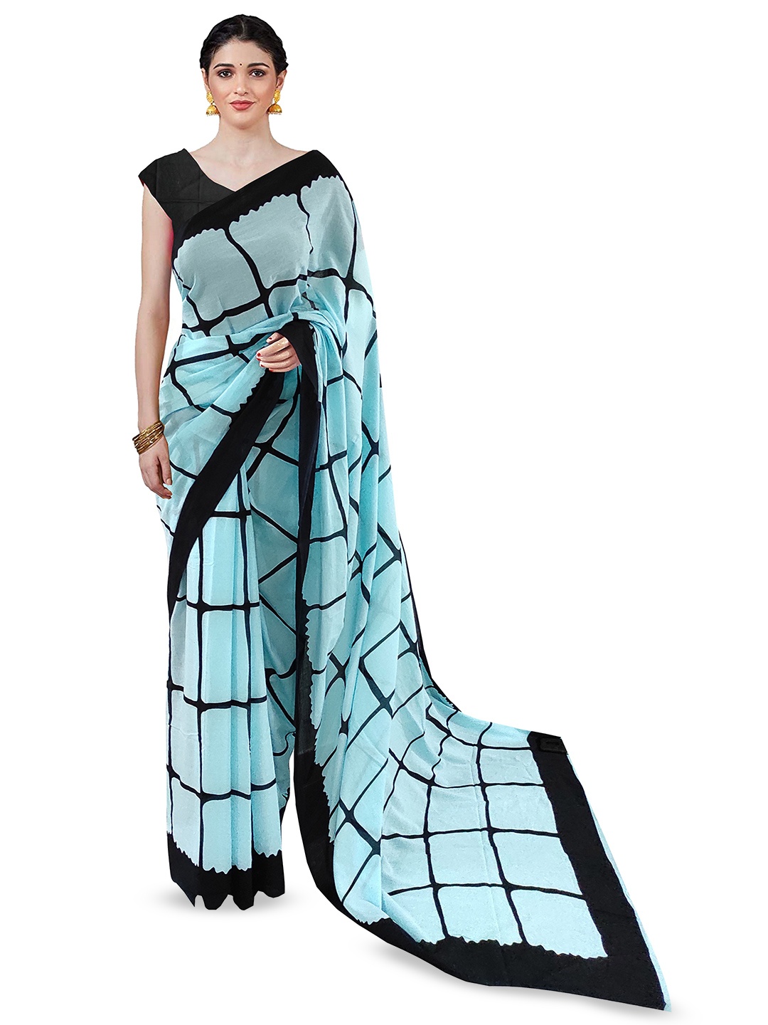 

JAIPURI BLOCK PRINT Checked Pure Cotton Block Print Saree, Turquoise blue