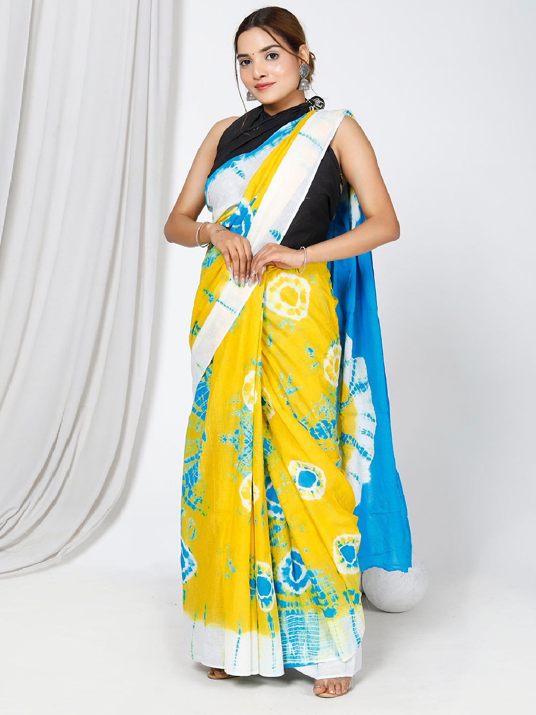 

JAIPURI BLOCK PRINT Tie & Dyed Pure Cotton Saree, Yellow