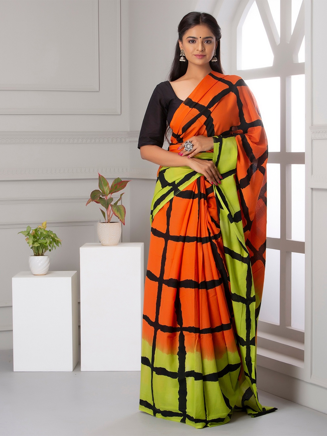

JAIPURI BLOCK PRINT Checked Pure Cotton Mulmul Block Print Saree, Orange