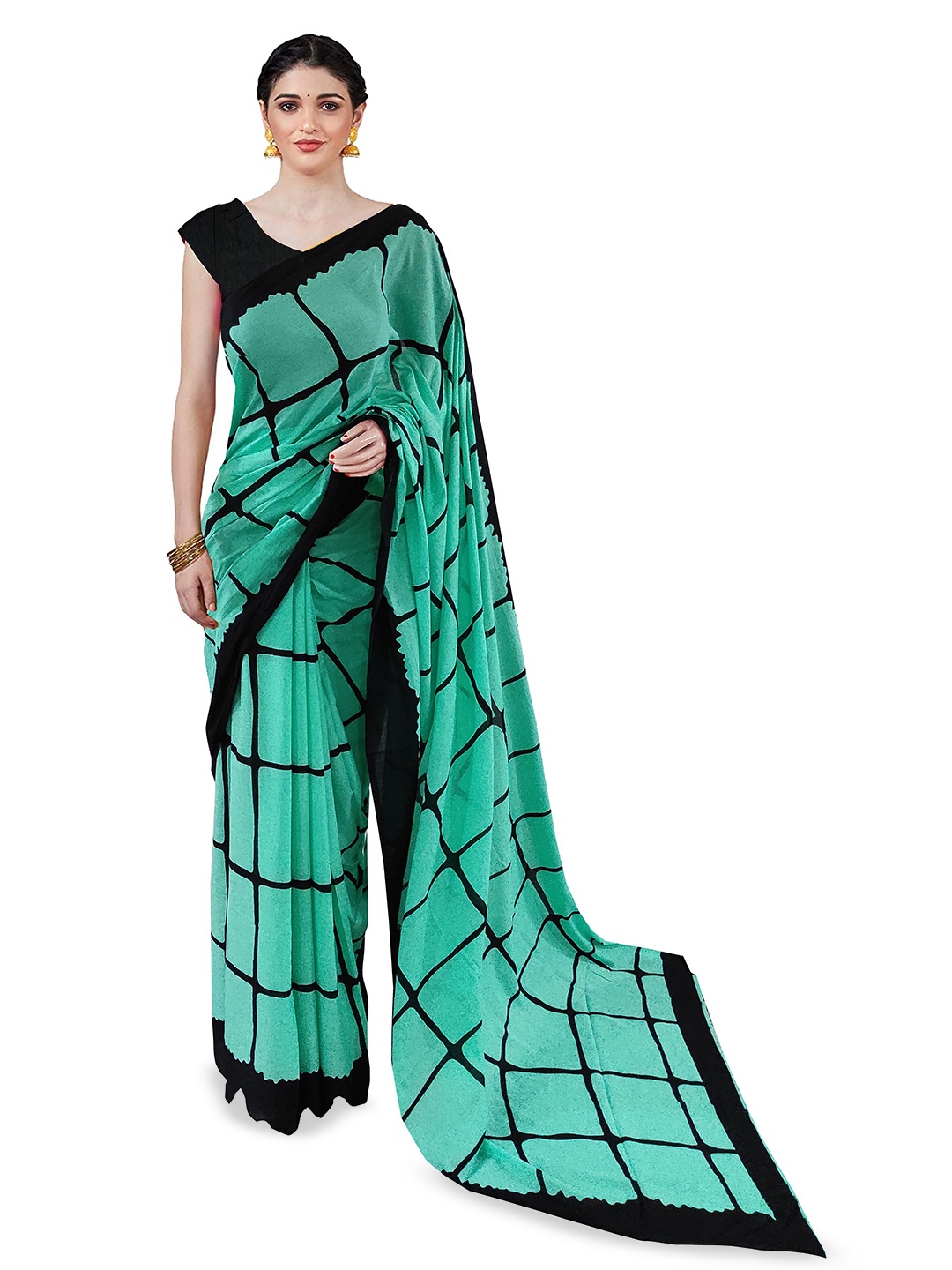 

JAIPURI BLOCK PRINT Checked Pure Cotton Saree, Sea green