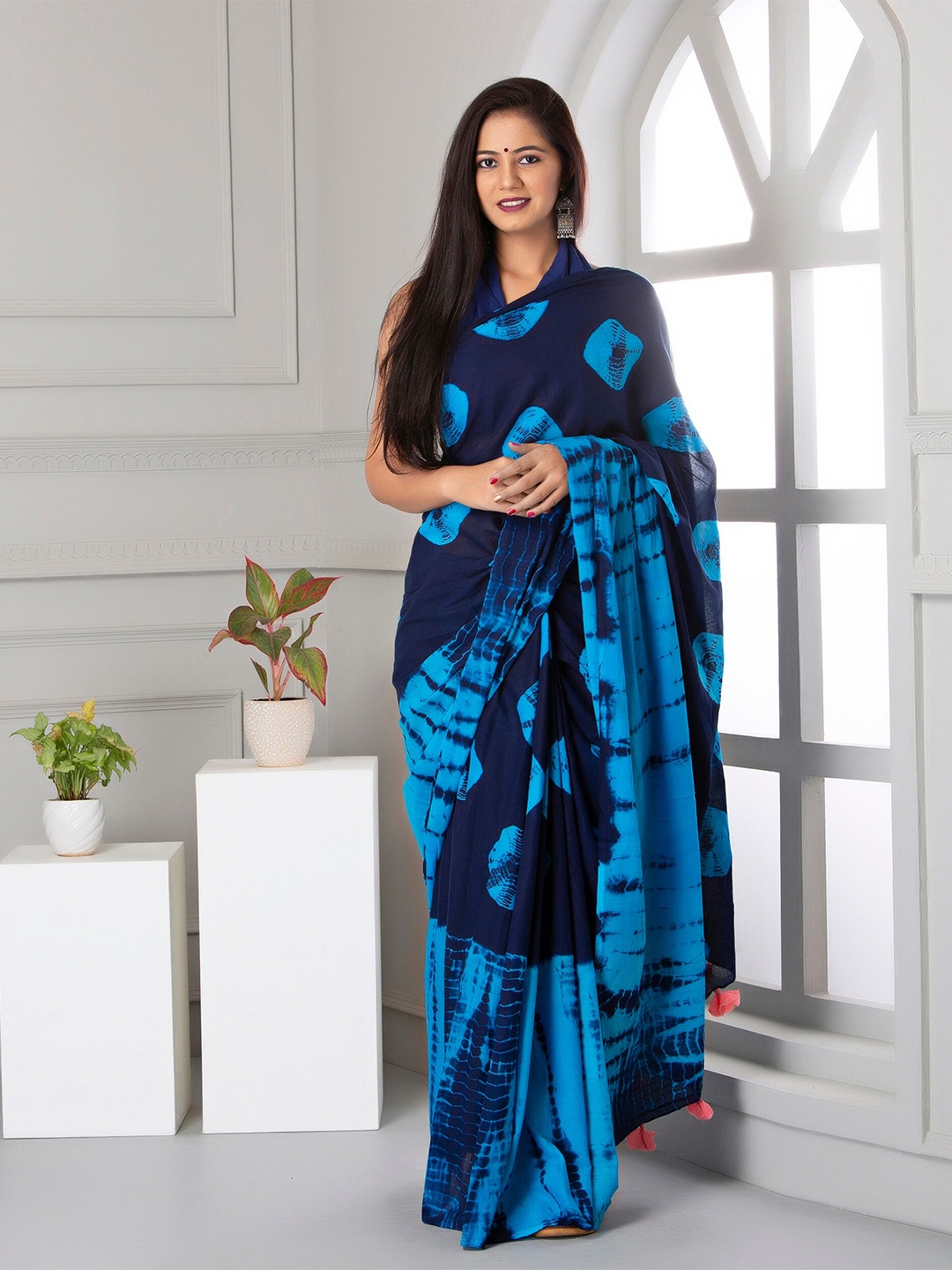 

JAIPURI BLOCK PRINT Tie and Dye Mulmul Cotton Block Print Saree, Blue