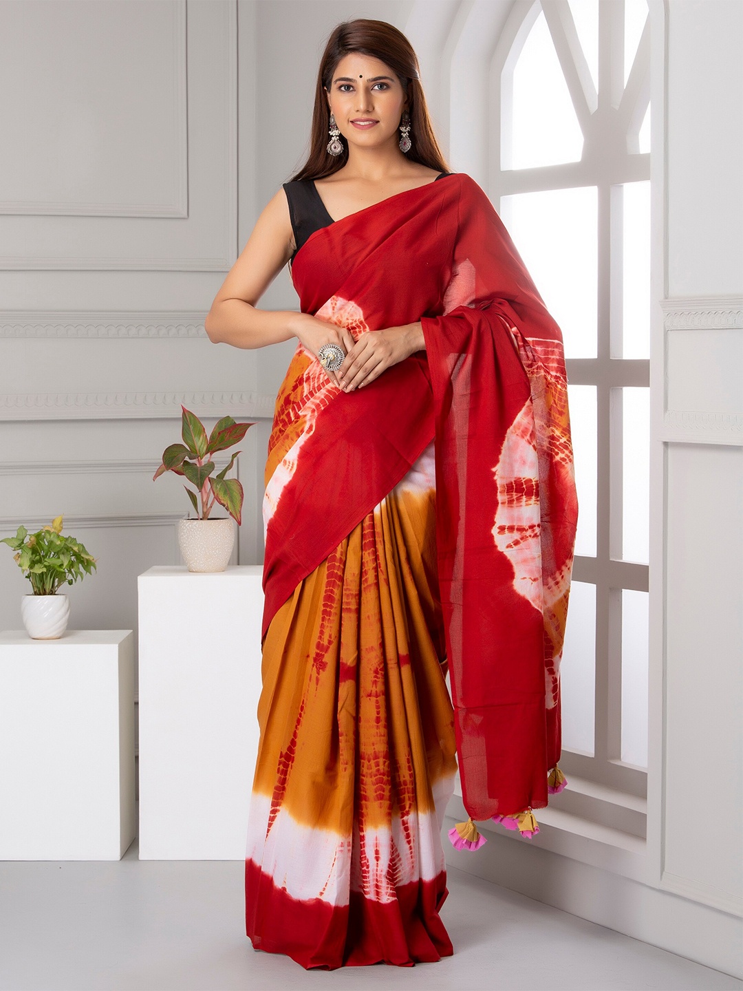 

JAIPURI BLOCK PRINT Tie & Dye Dyed Pure Cotton Mulmul Bandhani Saree, Red