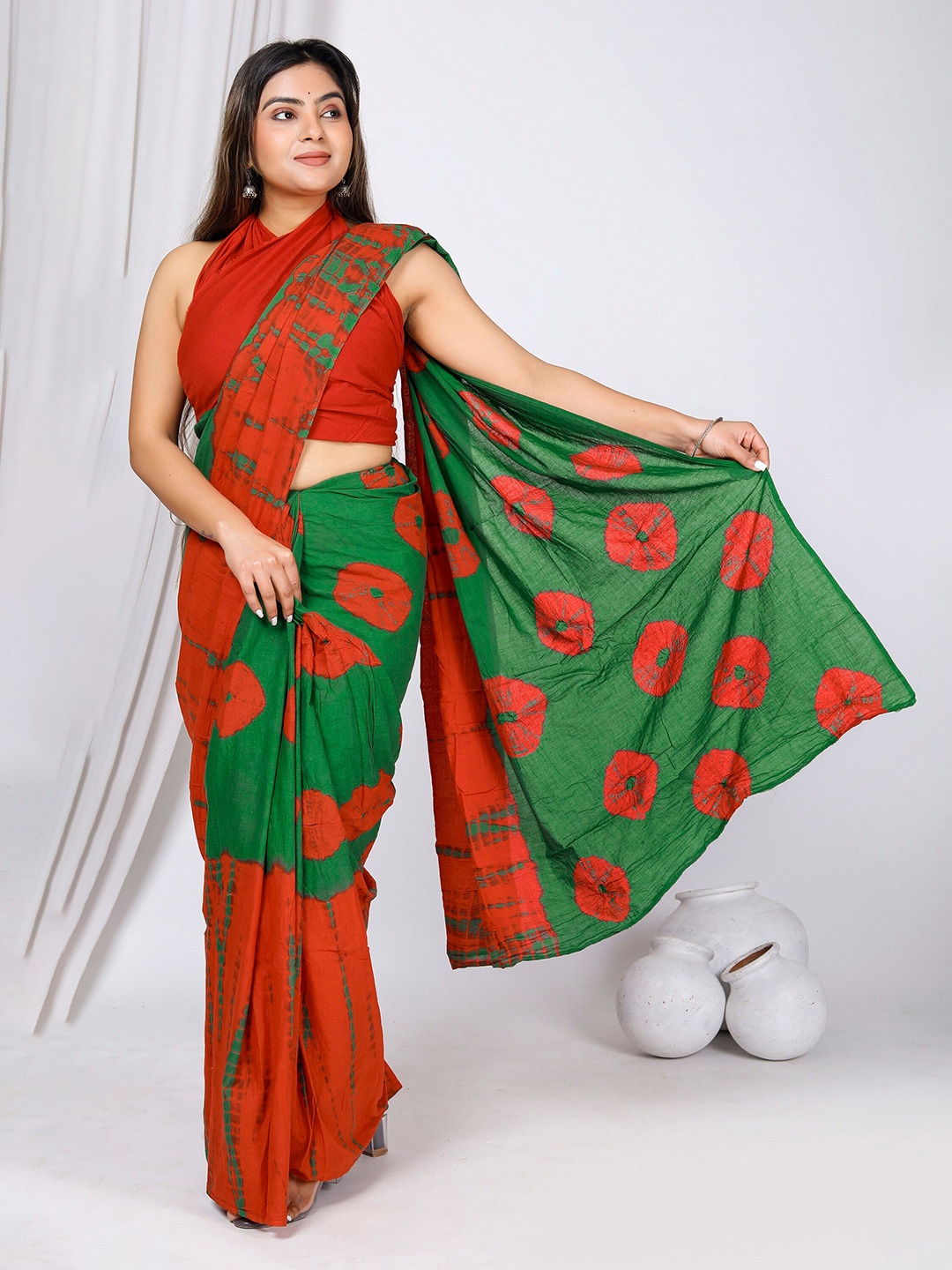 

JAIPURI BLOCK PRINT Tie & Dye Dyed Pure Cotton Mulmul Bandhani Saree, Red