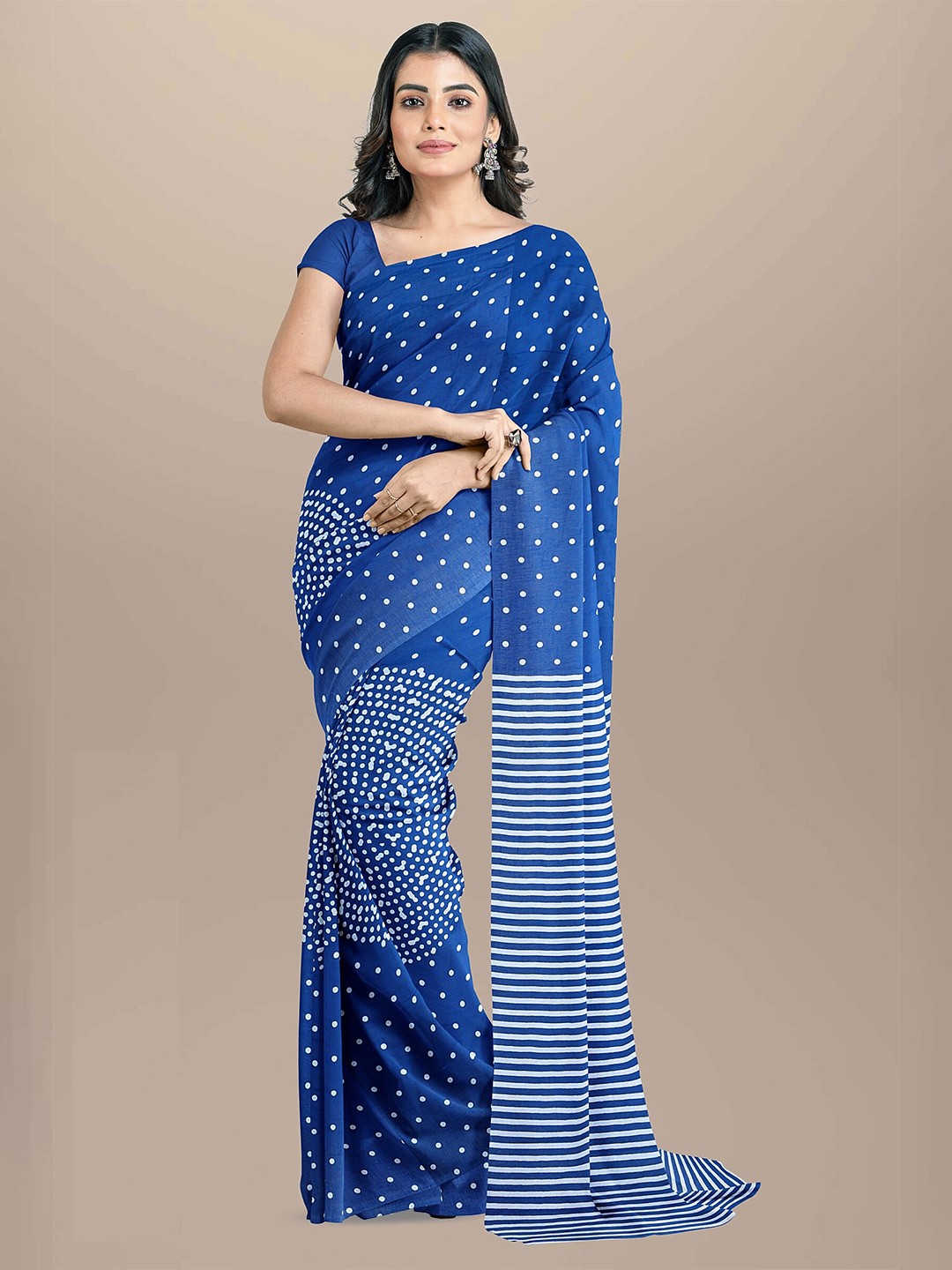 

JAIPURI BLOCK PRINT Polka Dot Printed Pure Cotton Block Print Saree, Blue