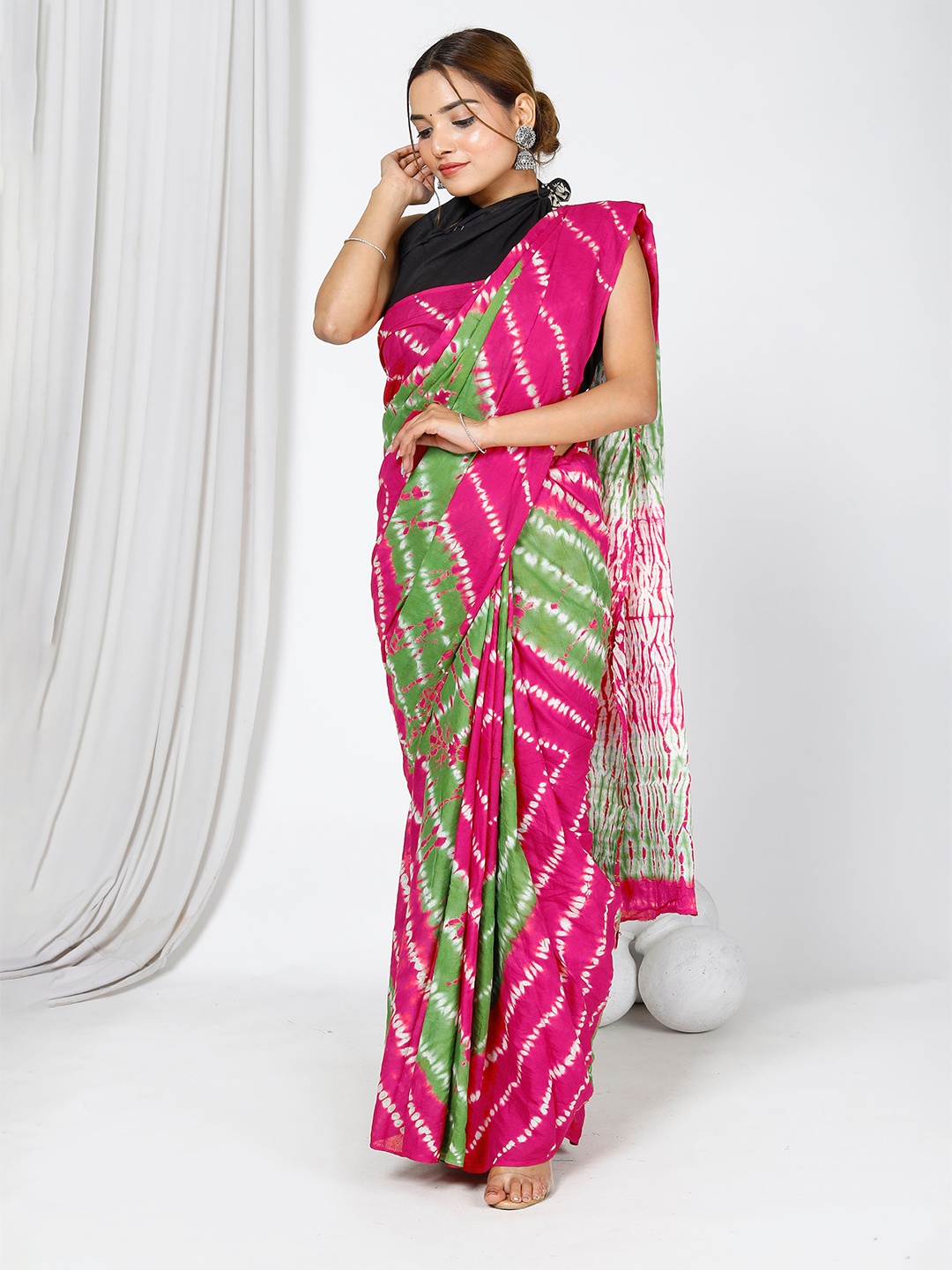 

JAIPURI BLOCK PRINT Leheriya Printed Pure Cotton Bagru Saree, Pink