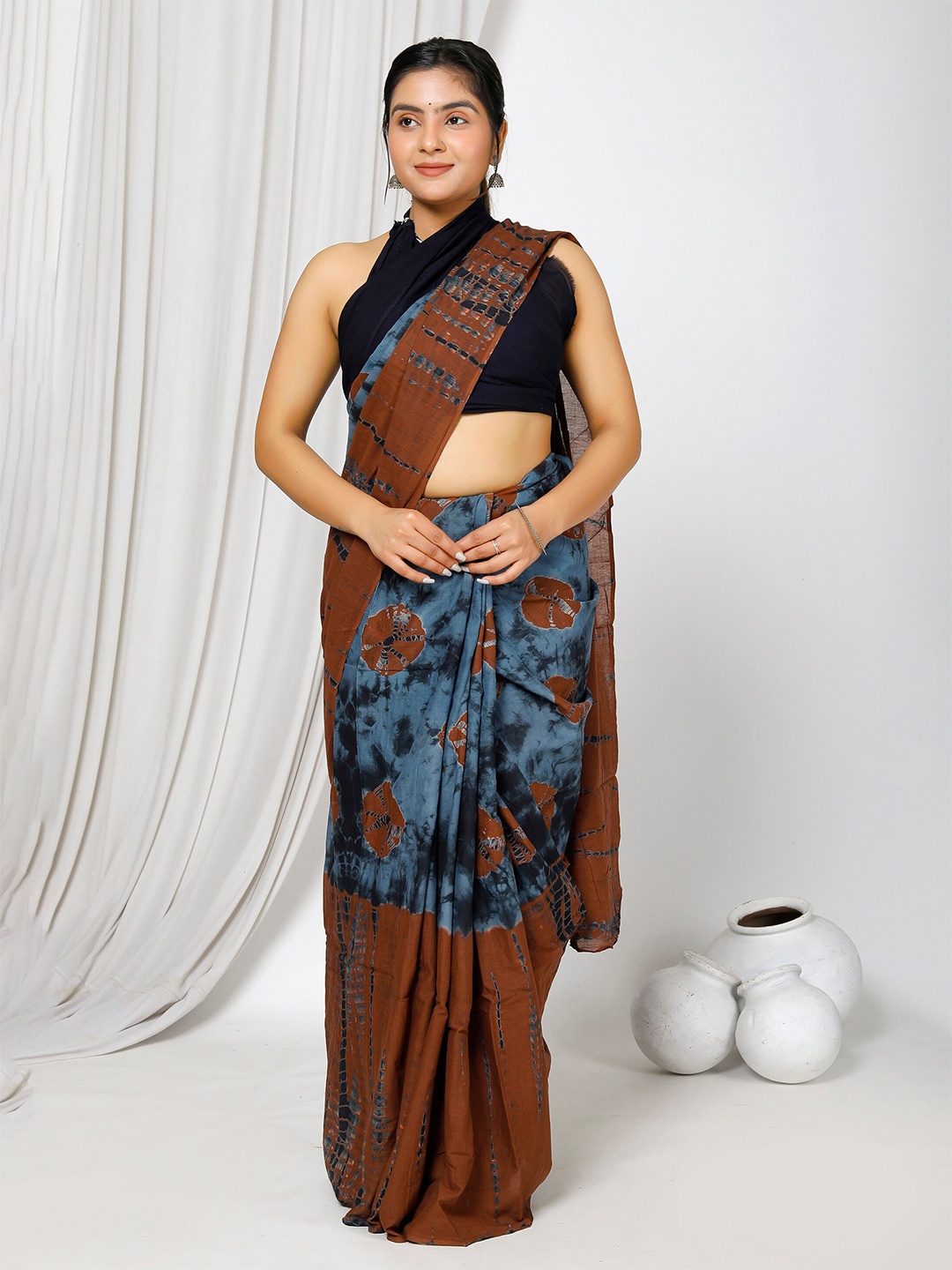 

JAIPURI BLOCK PRINT Tie and Dye Pure Cotton Bagru Saree, Brown