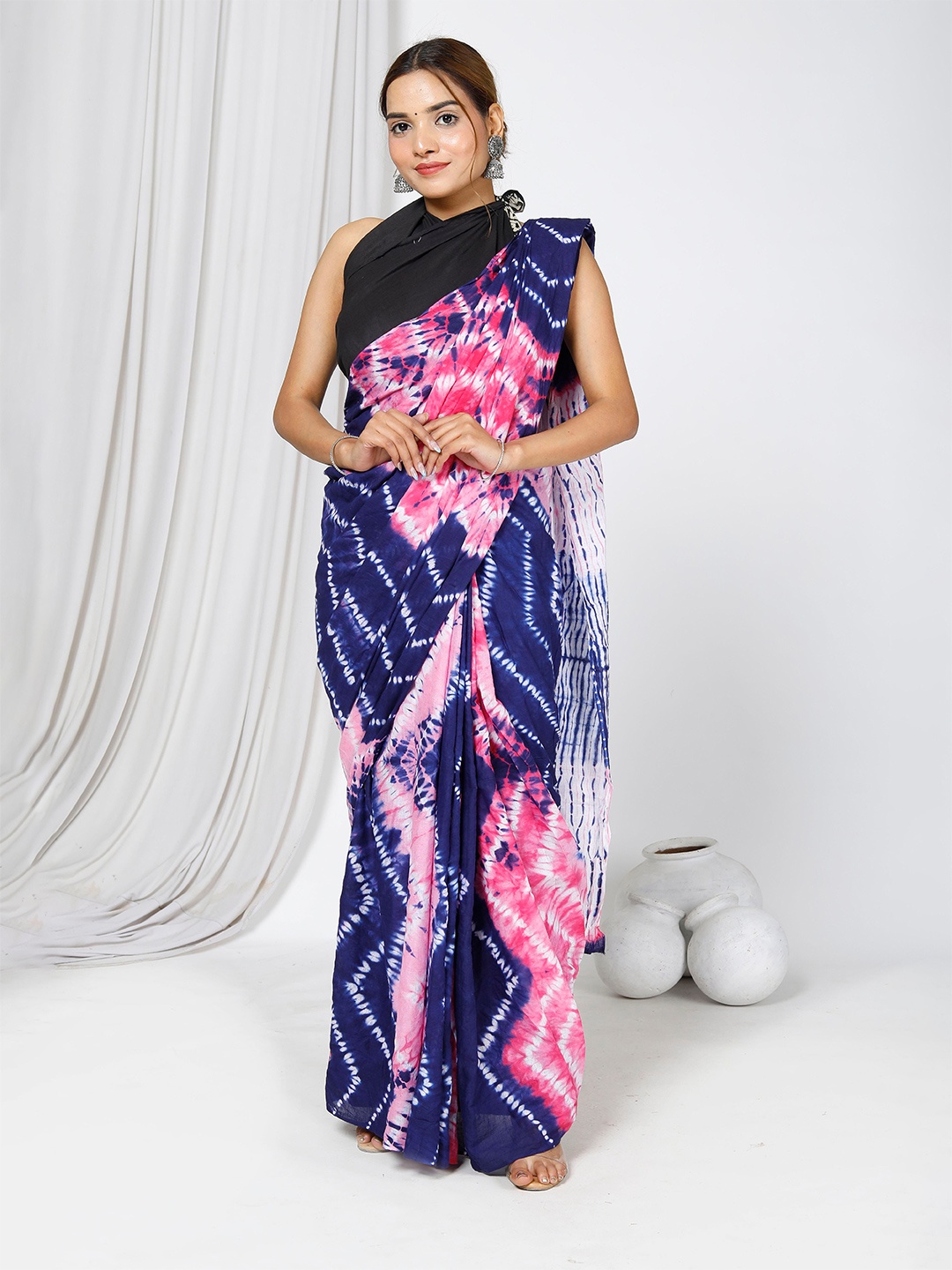 

JAIPURI BLOCK PRINT Tie and Dye Printed Pure Cotton Bagru Saree, Blue