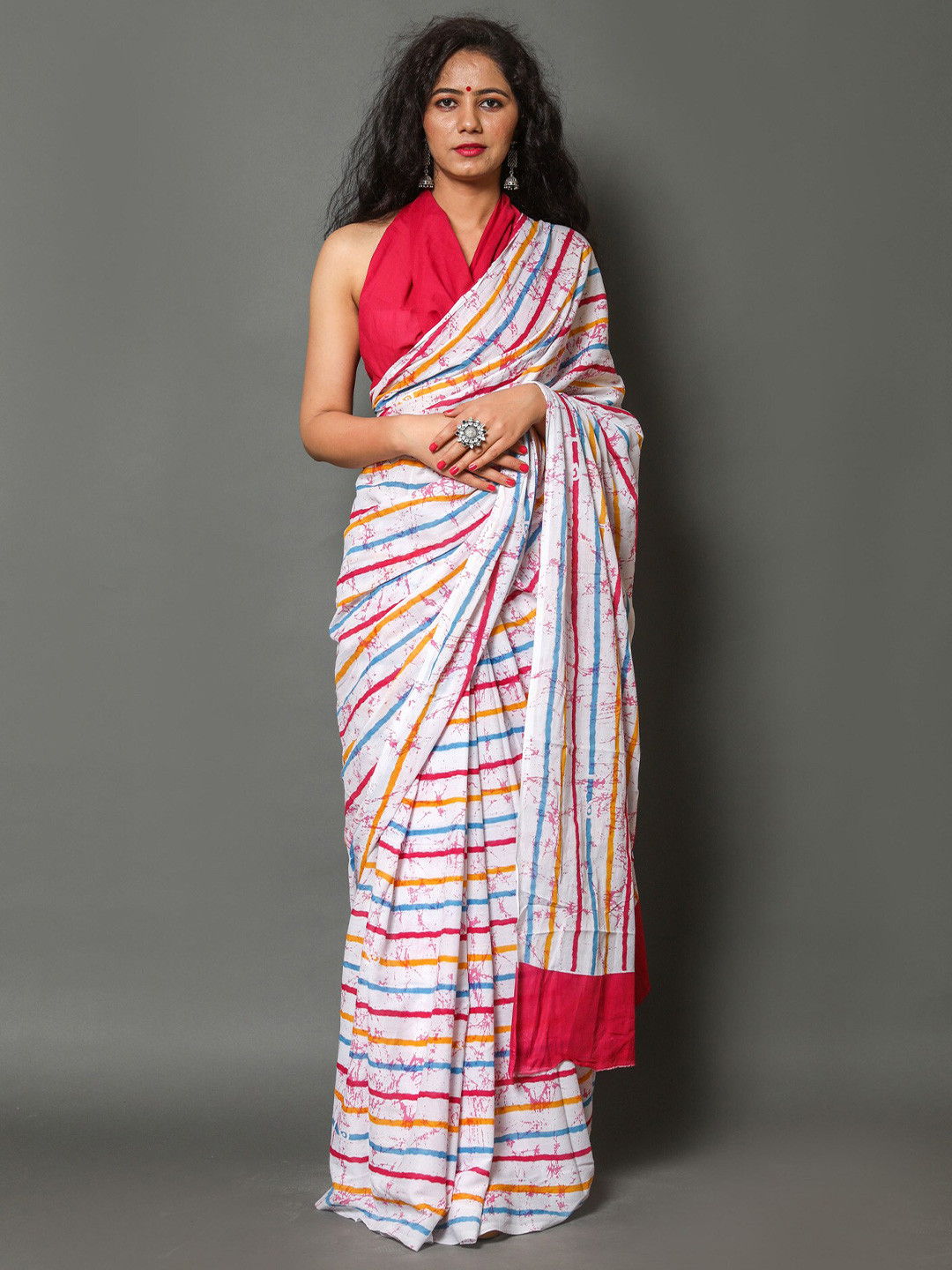 

JAIPURI BLOCK PRINT Striped Pure Cotton Ikat Saree, White