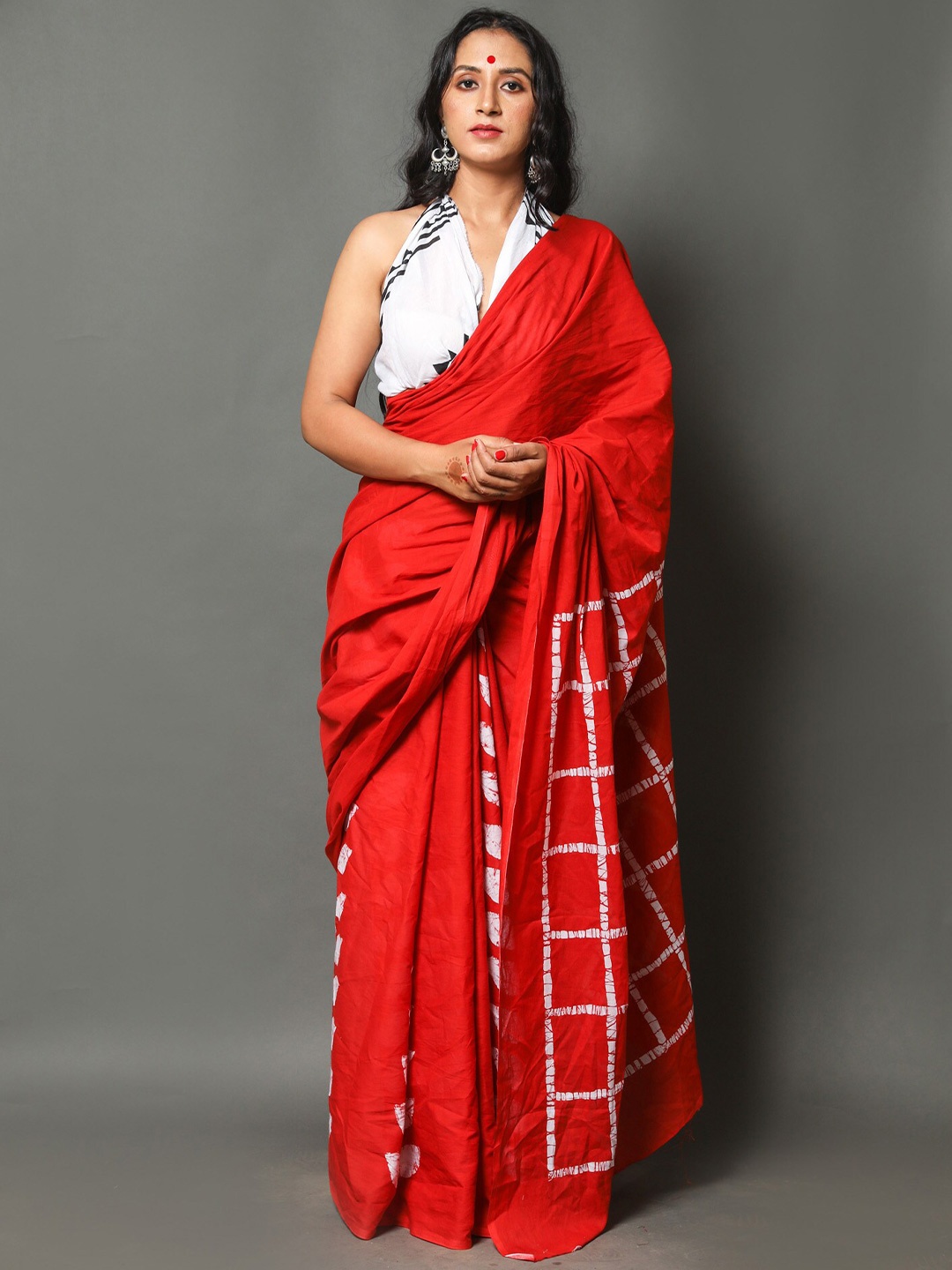 

JAIPURI BLOCK PRINT Mulmul Cotton Block Print Saree, Red