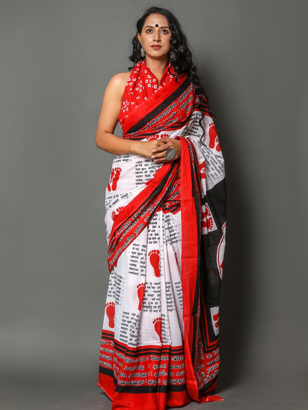 

JAIPURI BLOCK PRINT Geometric Printed Pure Cotton Ikat Saree, Red