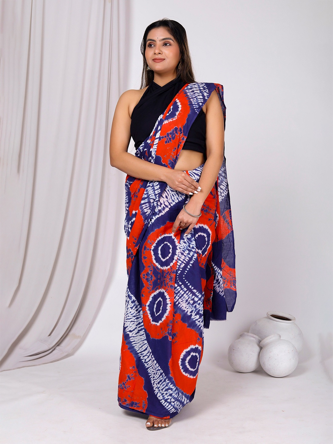 

JAIPURI BLOCK PRINT Tie and Dye Pure Cotton Bagru Saree, Red