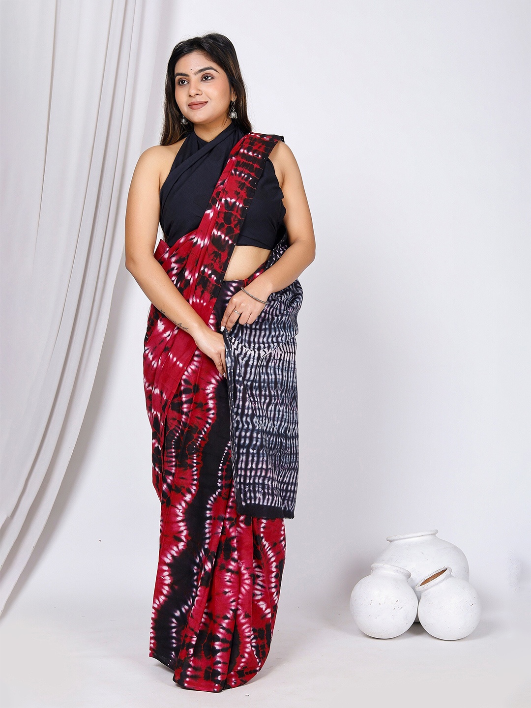

JAIPURI BLOCK PRINT Tie and Dye Pure Cotton Bagru Saree, Red