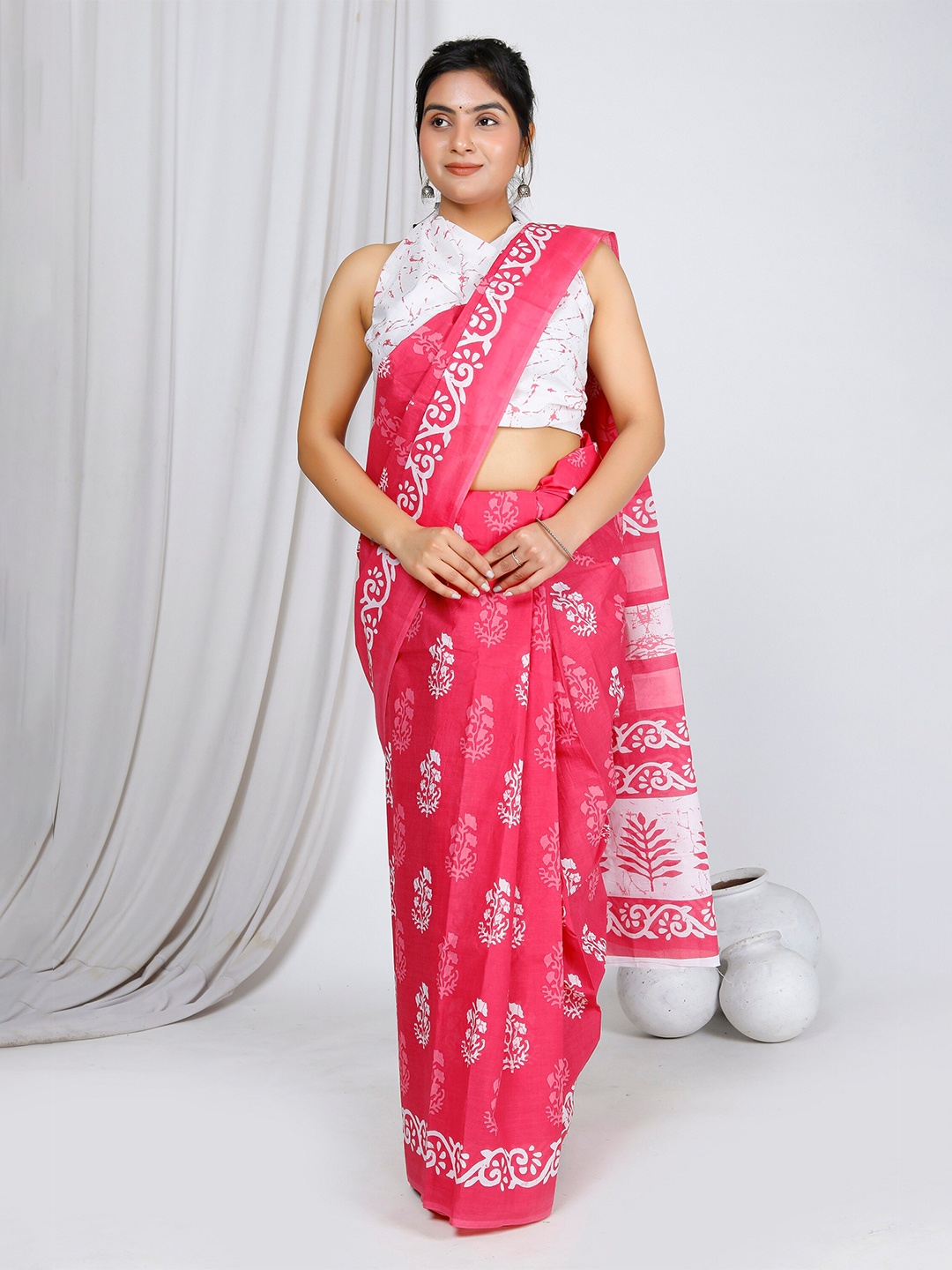 

JAIPURI BLOCK PRINT Floral Pure Cotton Block Print Saree, Pink
