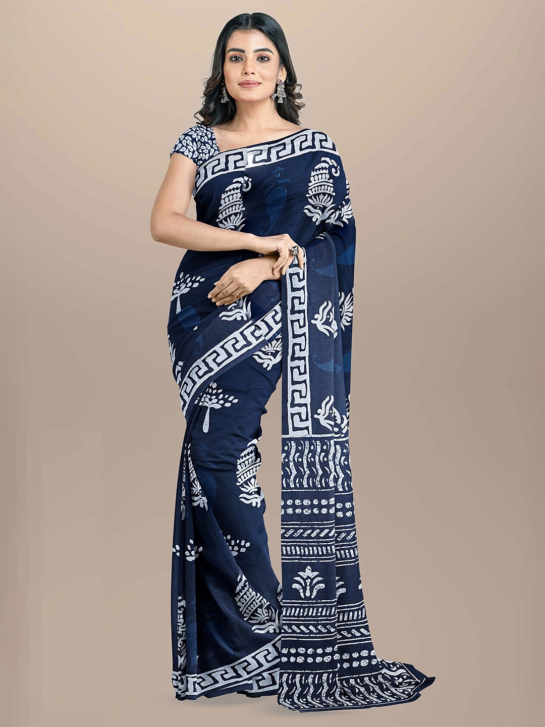 

JAIPURI BLOCK PRINT Ethnic Motifs Pure Cotton Block Printed Saree, Blue