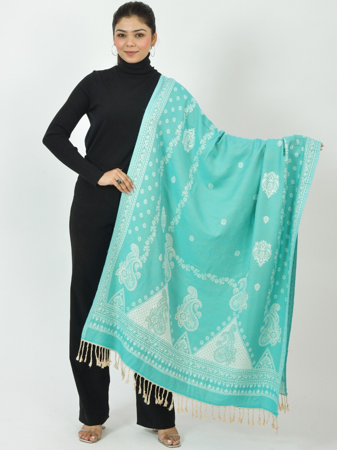 

BAISA Ethnic Motifs Woven Designed Woollen Shawl, Turquoise blue