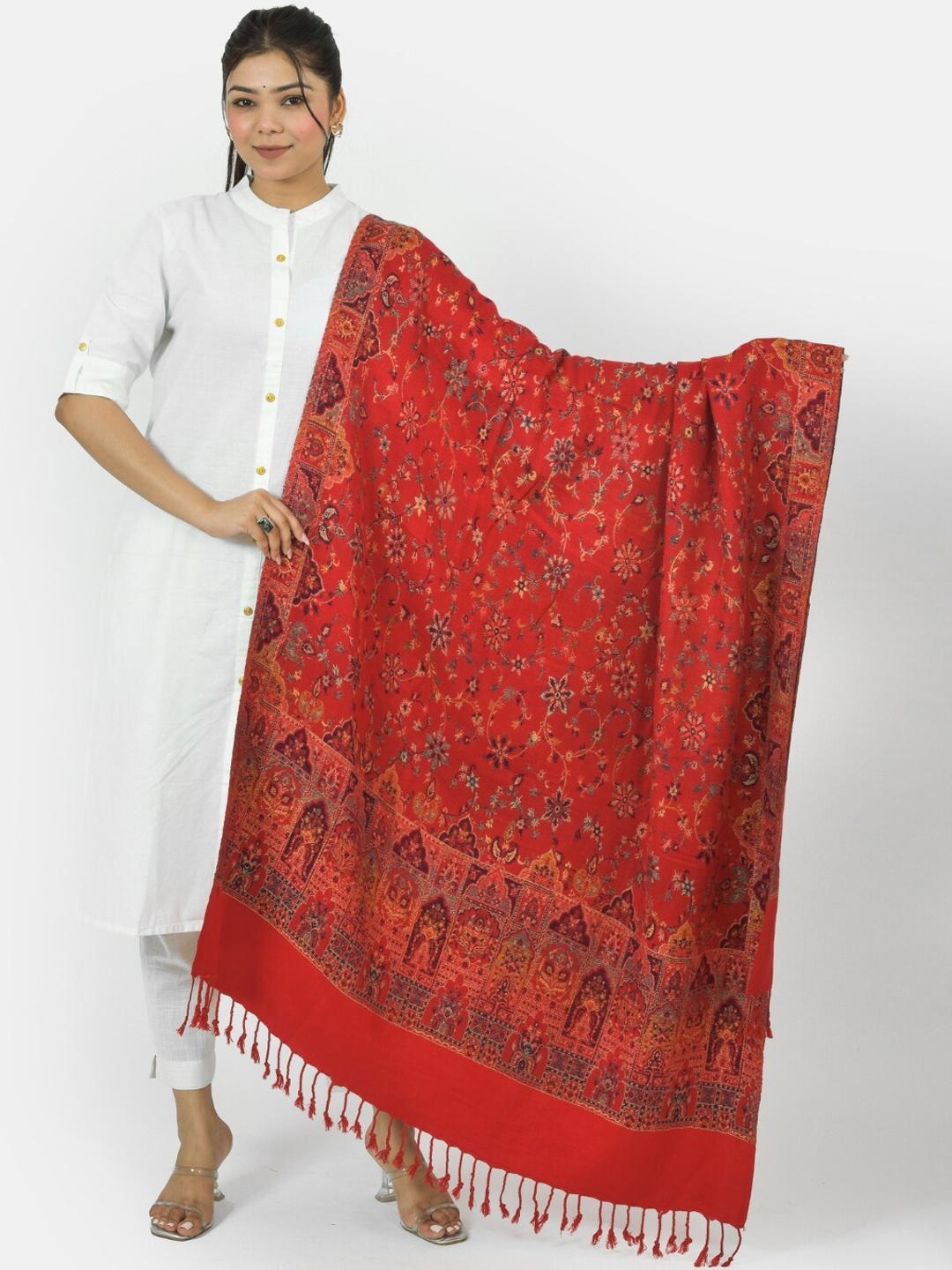 

BAISA Ethnic Motifs Woven Design Pashmina Shawl, Red