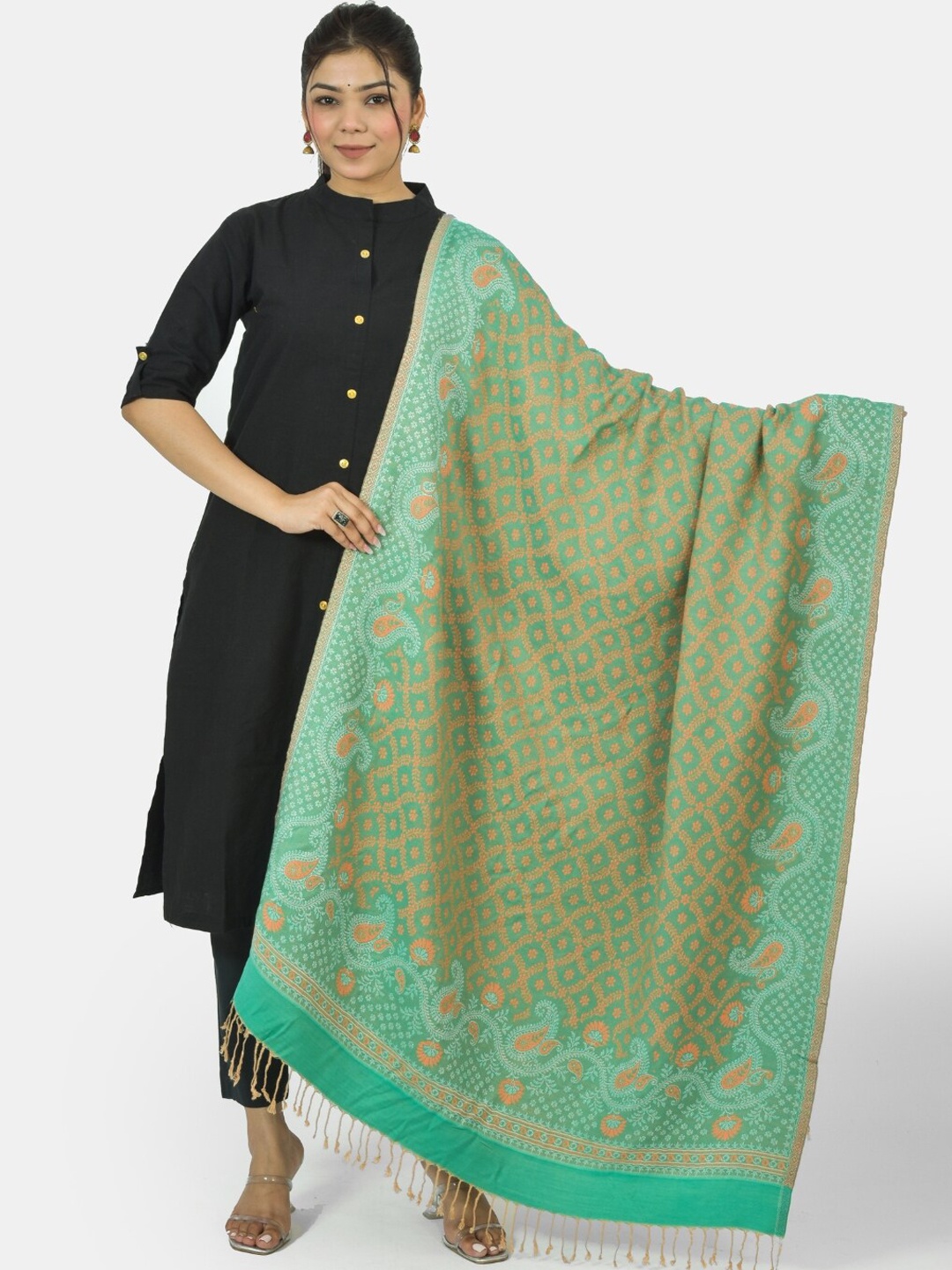 

BAISA Ethnic Motifs Woven Design Shawl, Sea green