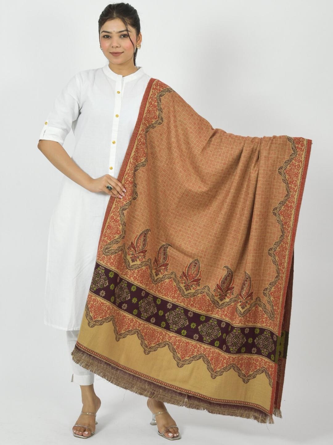 

BAISA Unisex Ethnic Motifs Woven Design Acrylic Shawl, Beige