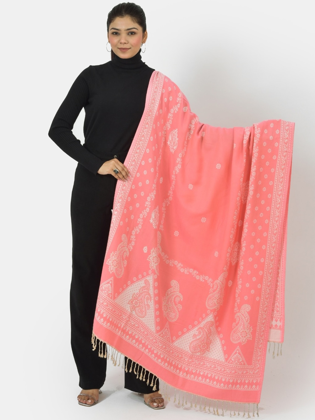 

BAISA Ethnic Motifs Printed Woolen Shawl, Pink