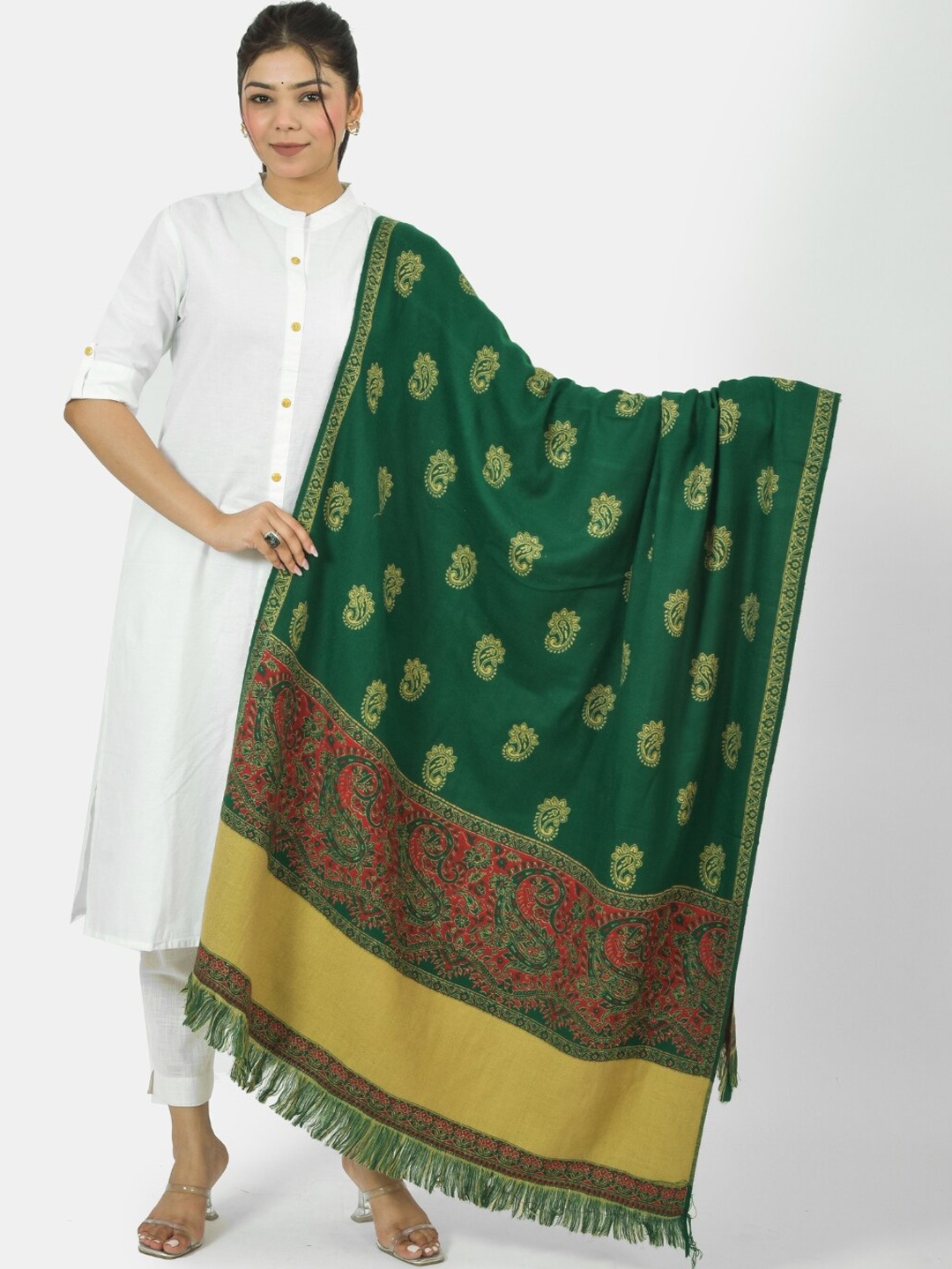 

BAISA Paisley Woven Design Brocade Reversible Shawl, Green