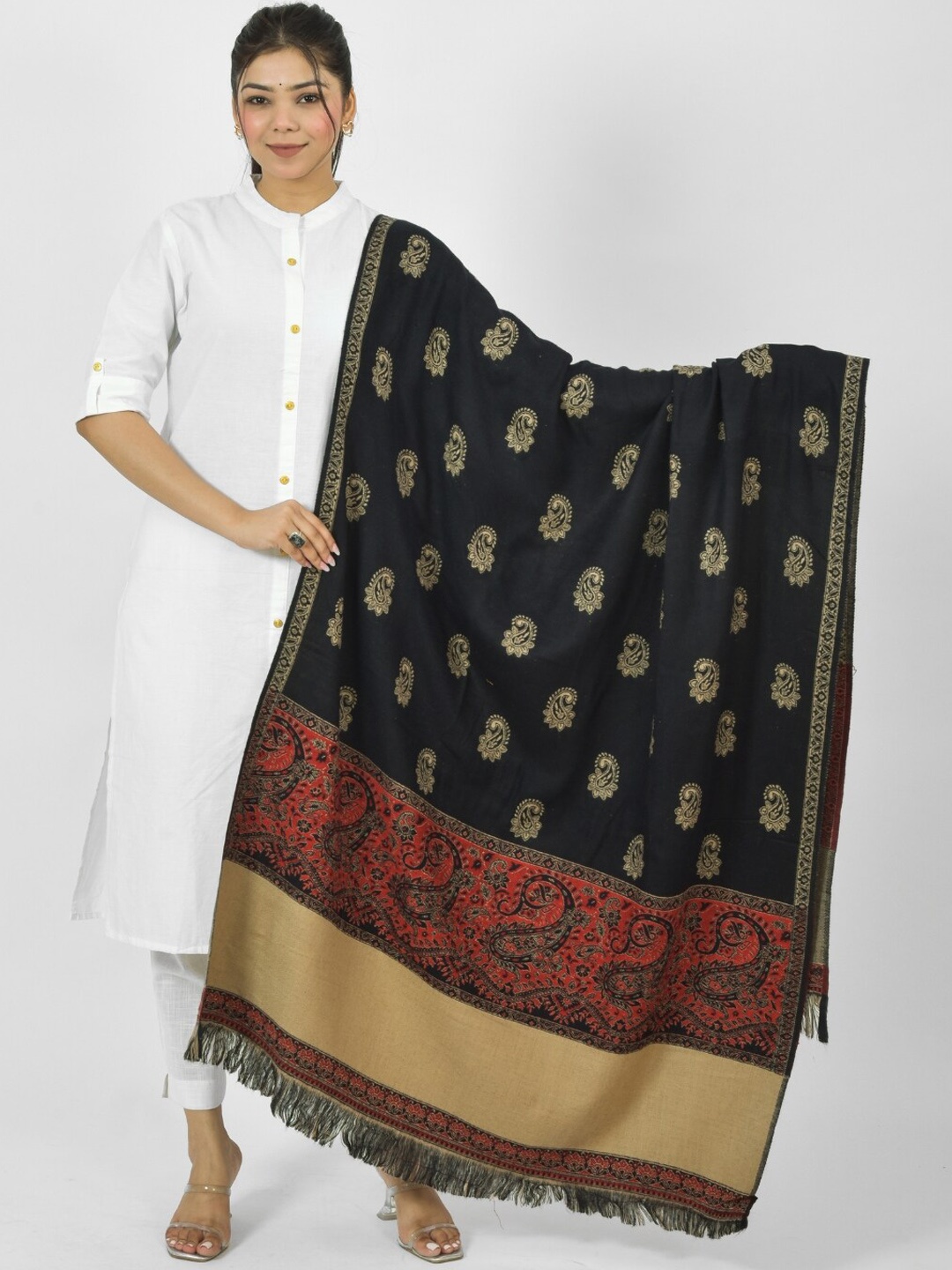 

BAISA Paisley Woven Design Brocade Reversible Shawl, Black