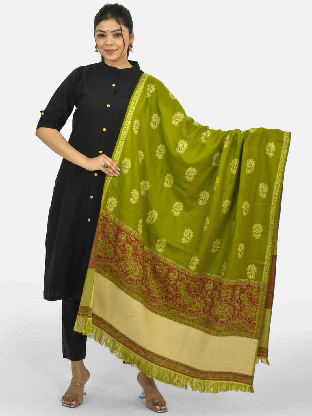 

BAISA Paisley Woven Design Reversible Brocade Shawl, Fluorescent green